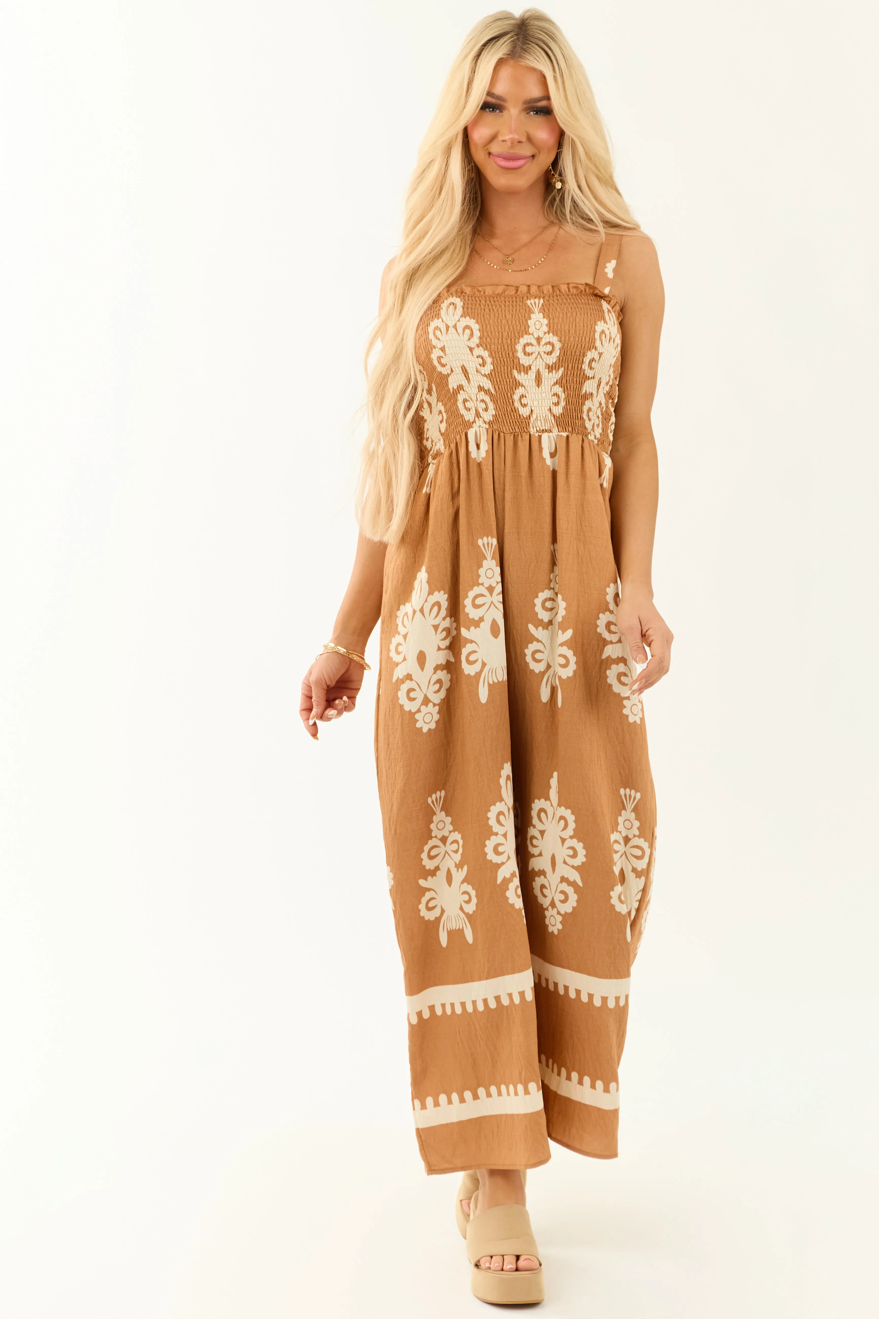 Caramel Abstract Print Smocked Sleeveless Jumpsuit sold by Lime Lush product image thumbnail 4