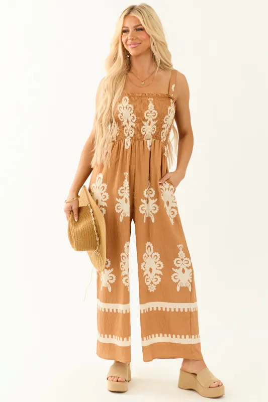 Caramel Abstract Print Smocked Sleeveless Jumpsuit sold by Lime Lush