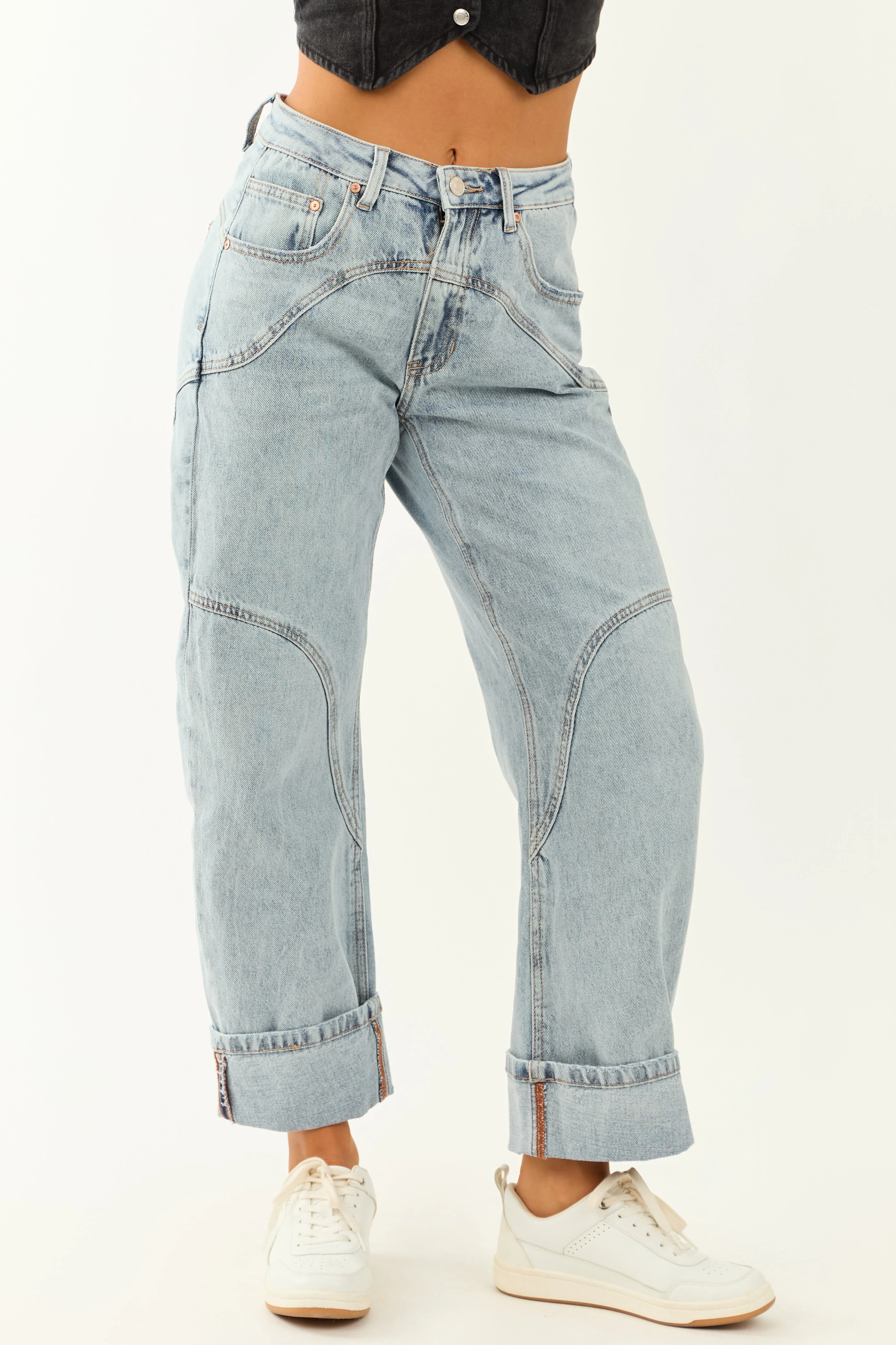 Saige Light Wash High Rise Cuffed Barrel Jeans sold by Lime Lush product image thumbnail 2
