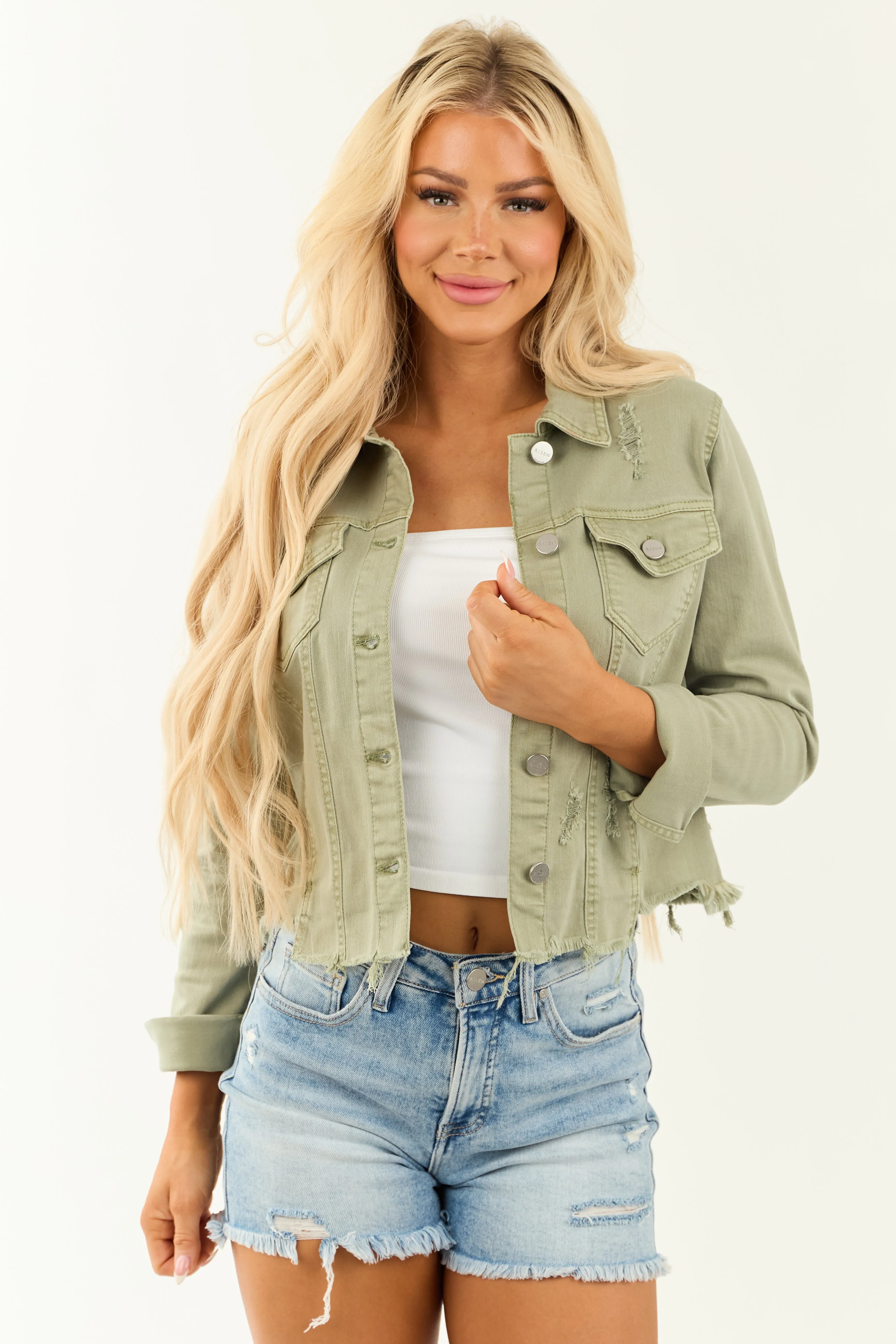 Risen Sage Button Up Distressed Denim Jacket sold by Lime Lush