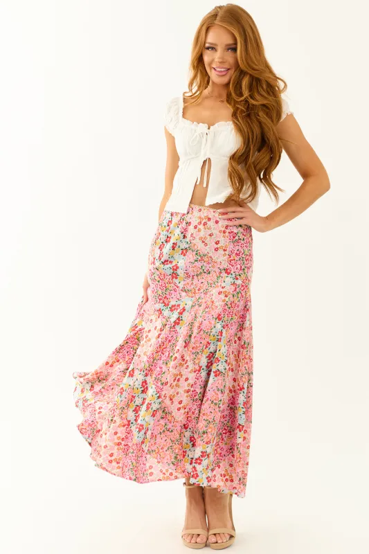 Punch Colorful Floral Print Flowy Midi Skirt sold by Lime Lush
