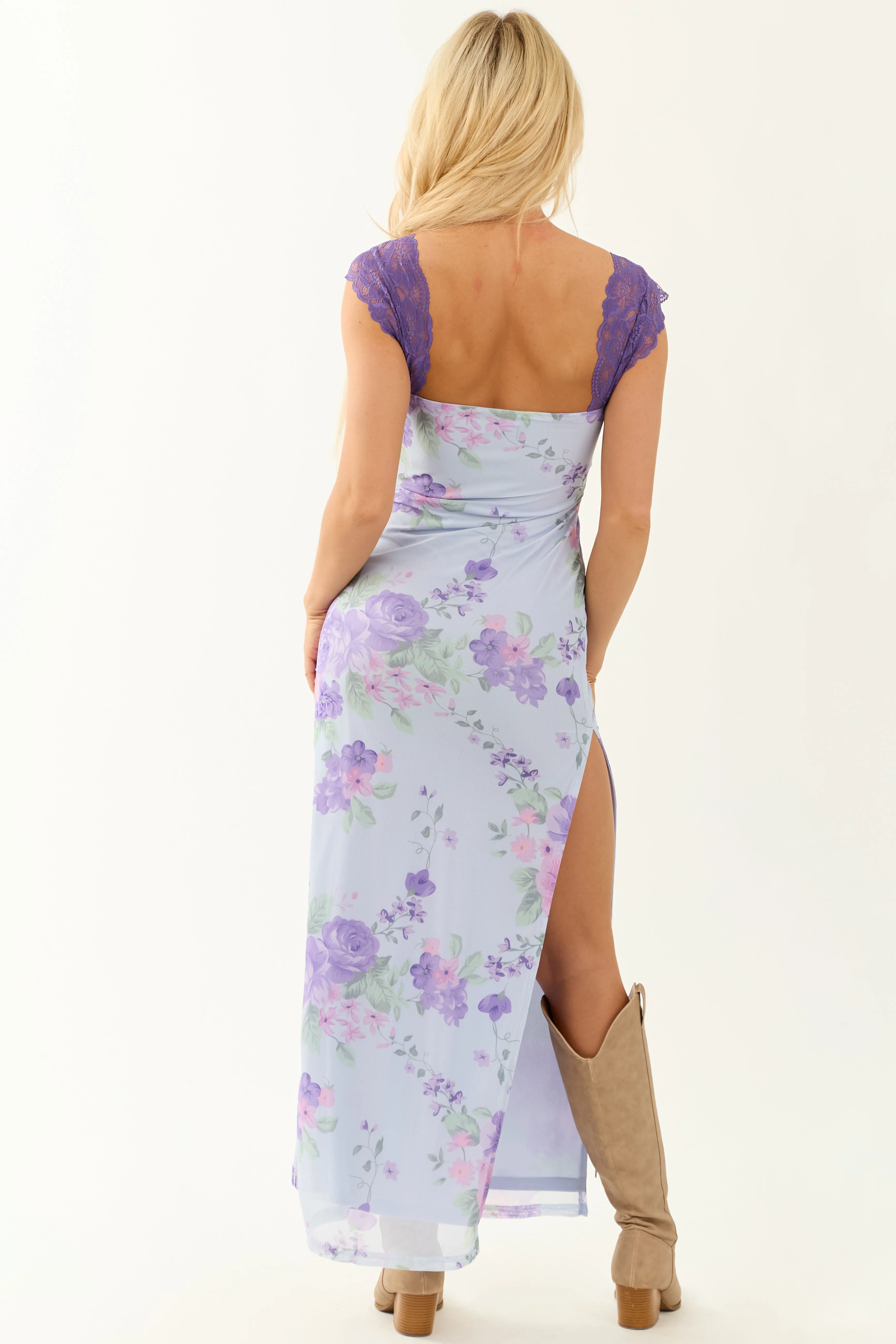Periwinkle Floral Print Lace Bust Mesh Maxi Dress sold by Lime Lush product image thumbnail 5