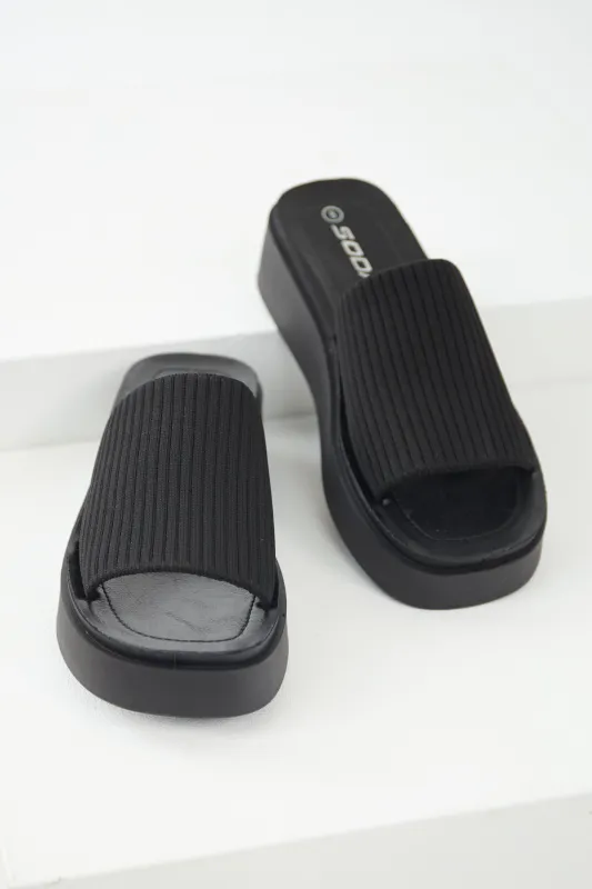 Black Wide Strap Slip On Platform Sandals sold by Lime Lush