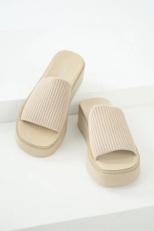Oatmeal Wide Strap Slip On Platform Sandals sold by Lime Lush