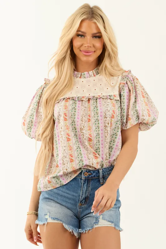 Vanilla Multi-Floral Print Short Puff Sleeve Top sold by Lime Lush