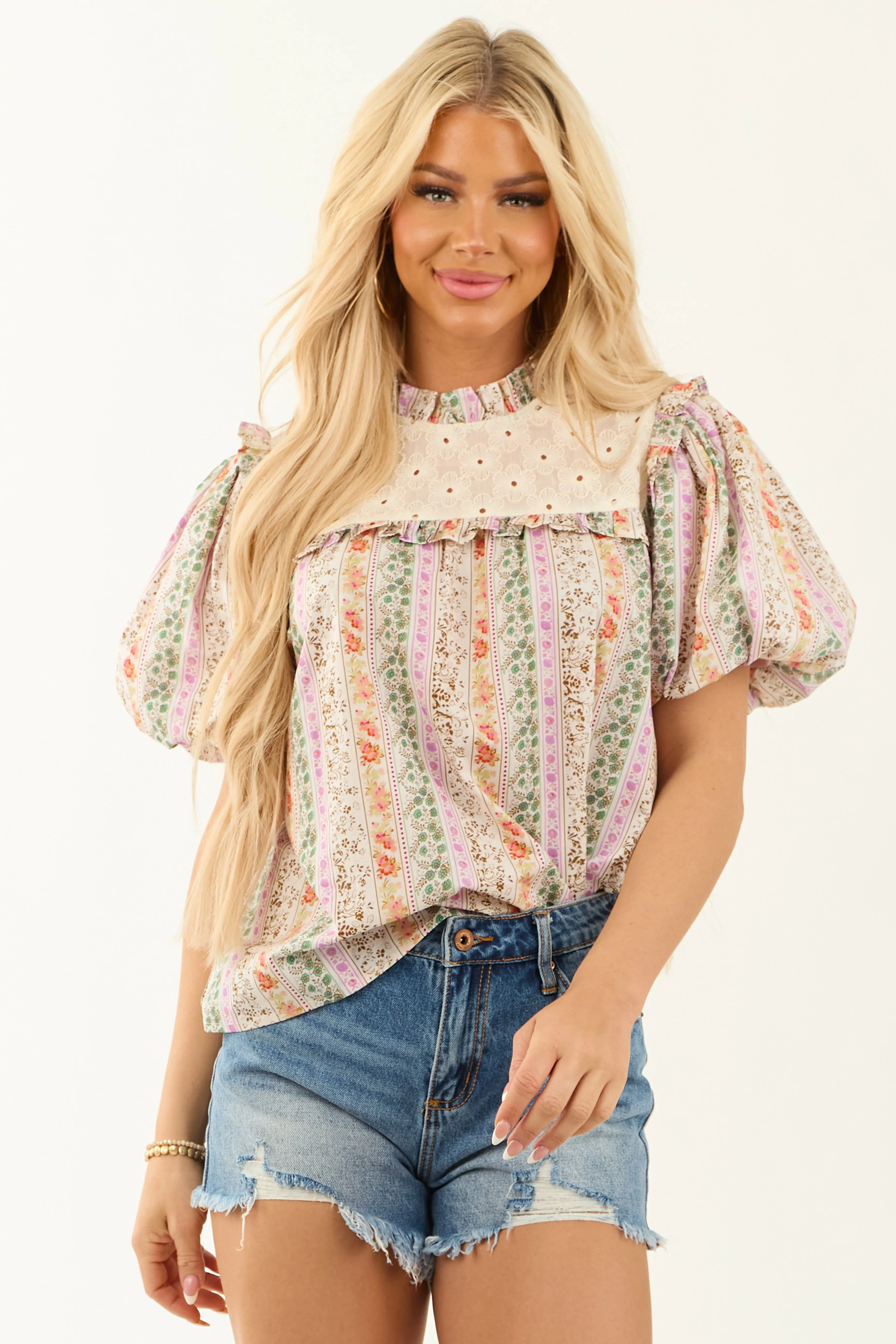 Vanilla Multi-Floral Print Short Puff Sleeve Top sold by Lime Lush