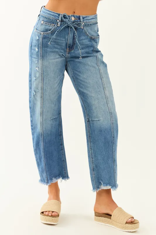 Saige Medium Wash High Rise Waist Tie Barrel Jeans sold by Lime Lush
