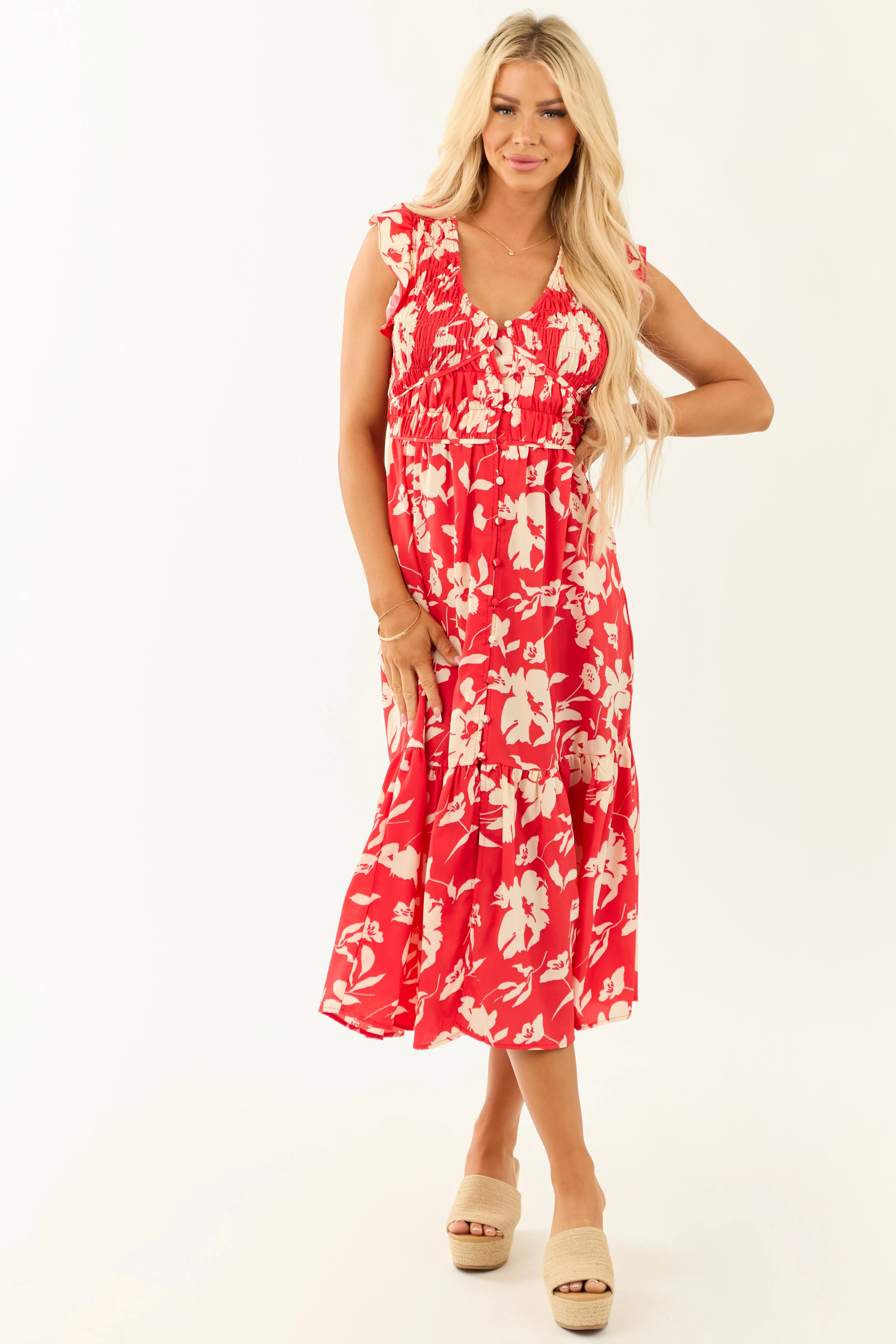 Lipstick V Neck Floral Print Button Down Midi Dress sold by Lime Lush