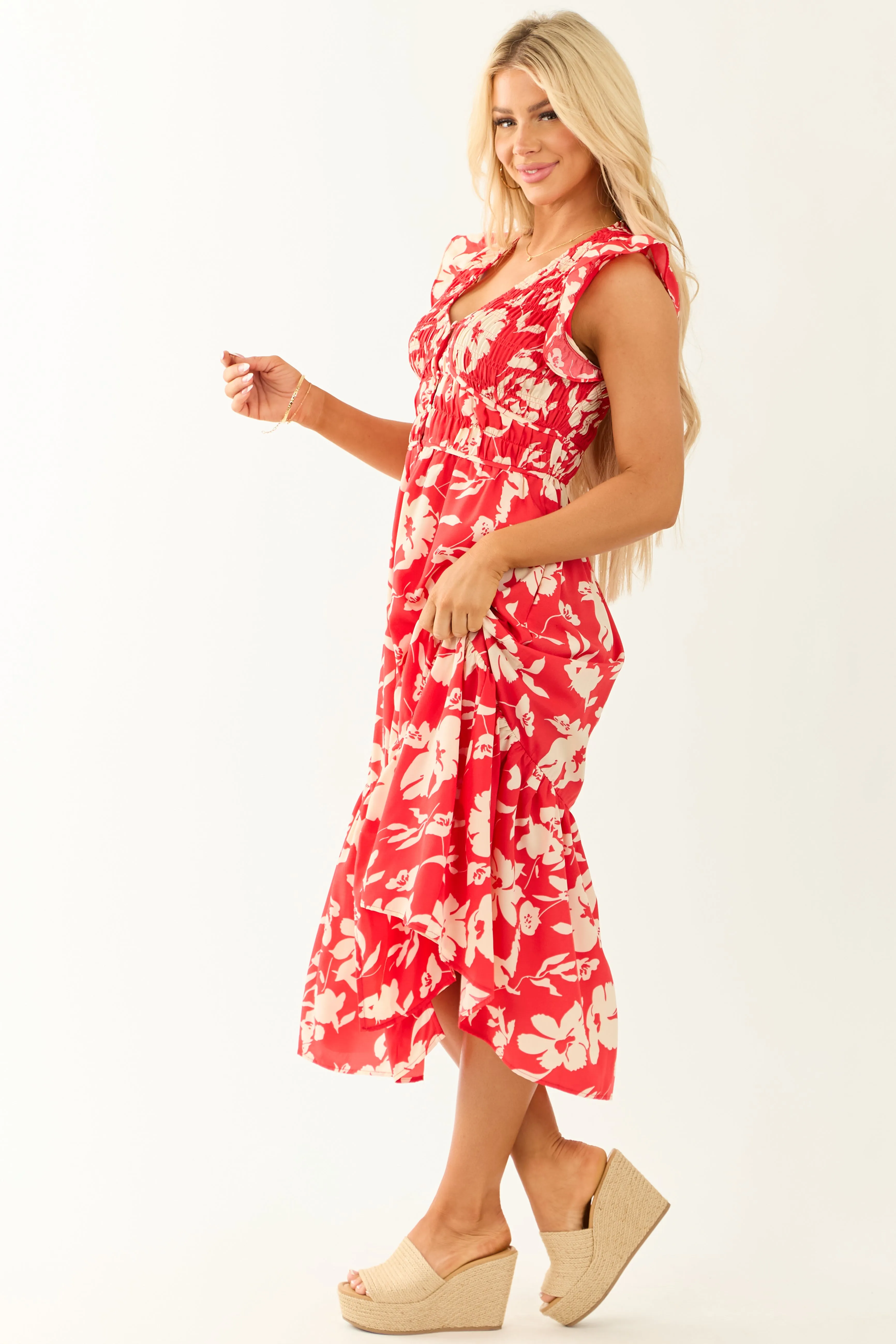 Lipstick V Neck Floral Print Button Down Midi Dress sold by Lime Lush product image thumbnail 4
