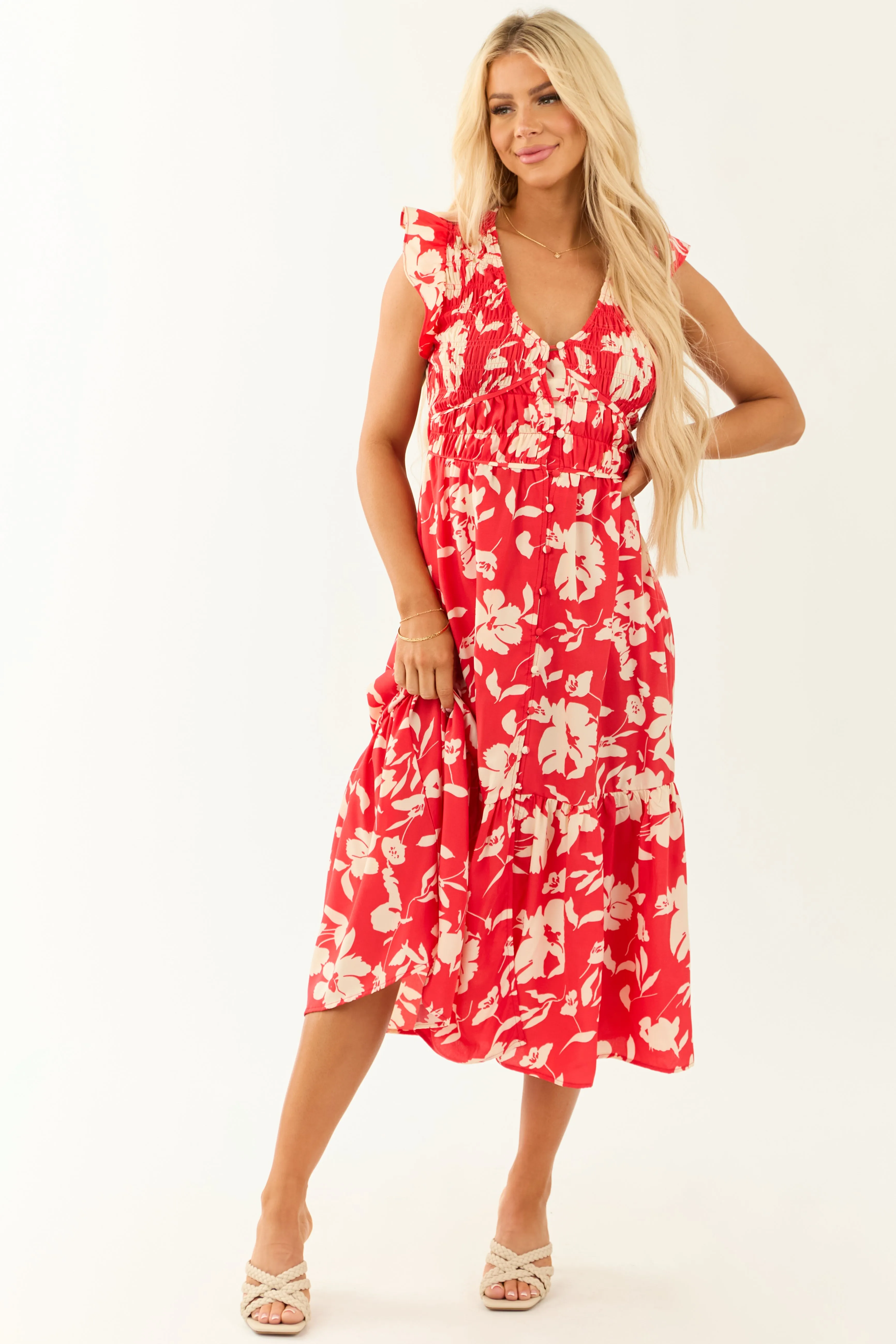 Lipstick V Neck Floral Print Button Down Midi Dress sold by Lime Lush product image thumbnail 2