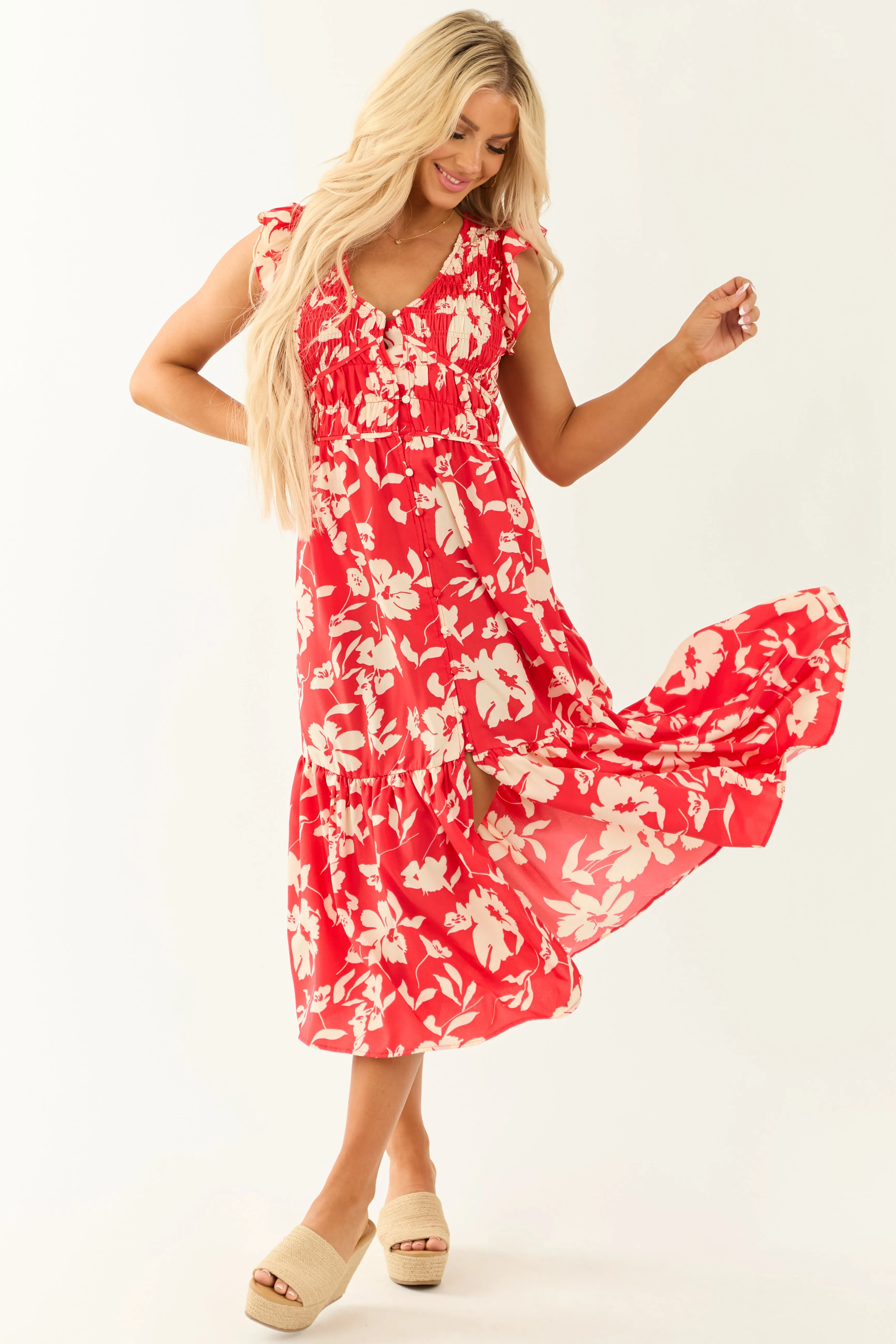 Lipstick V Neck Floral Print Button Down Midi Dress sold by Lime Lush product image thumbnail 3