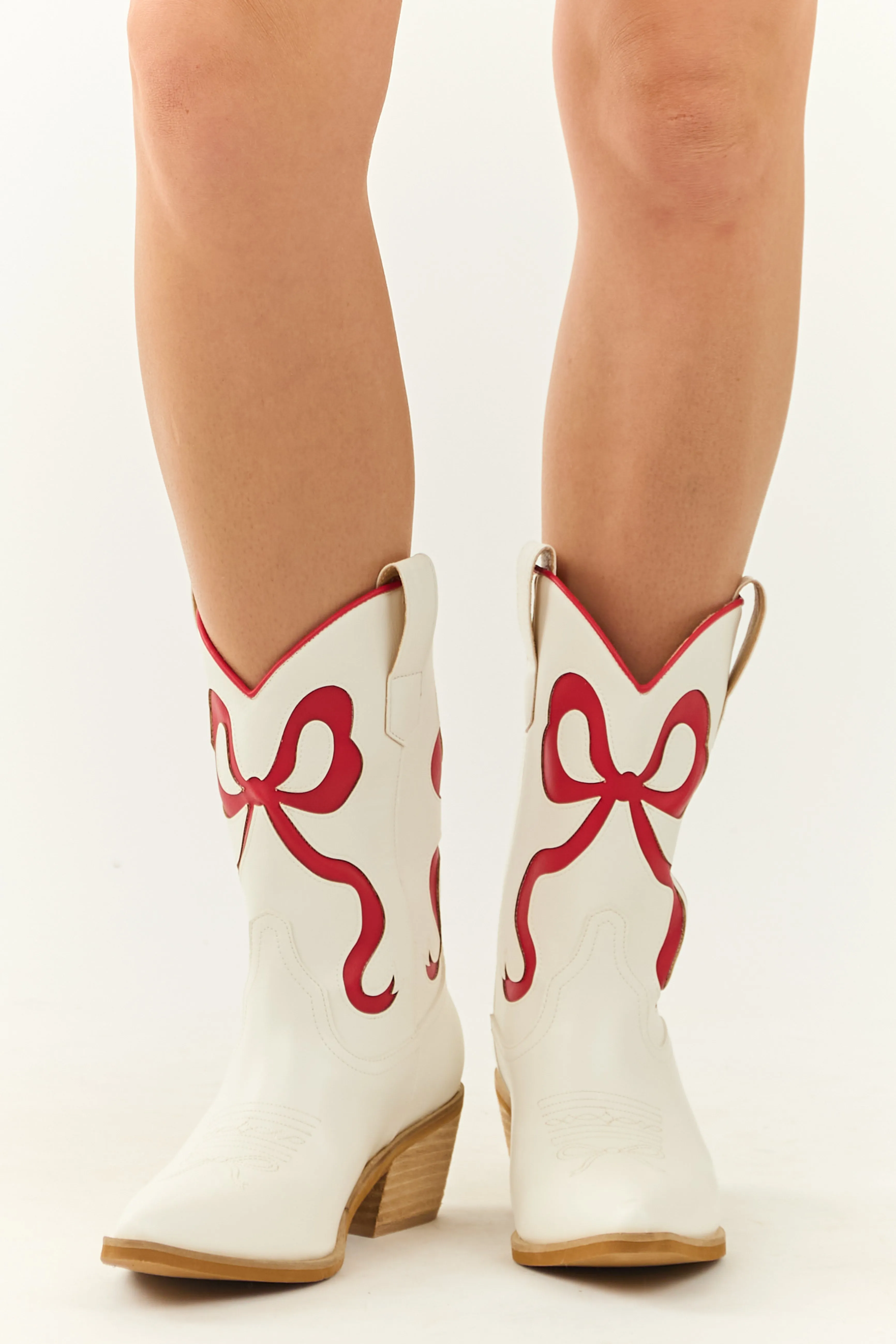 Ivory Bow Stitch Detail Western Short Heel Boots sold by Lime Lush