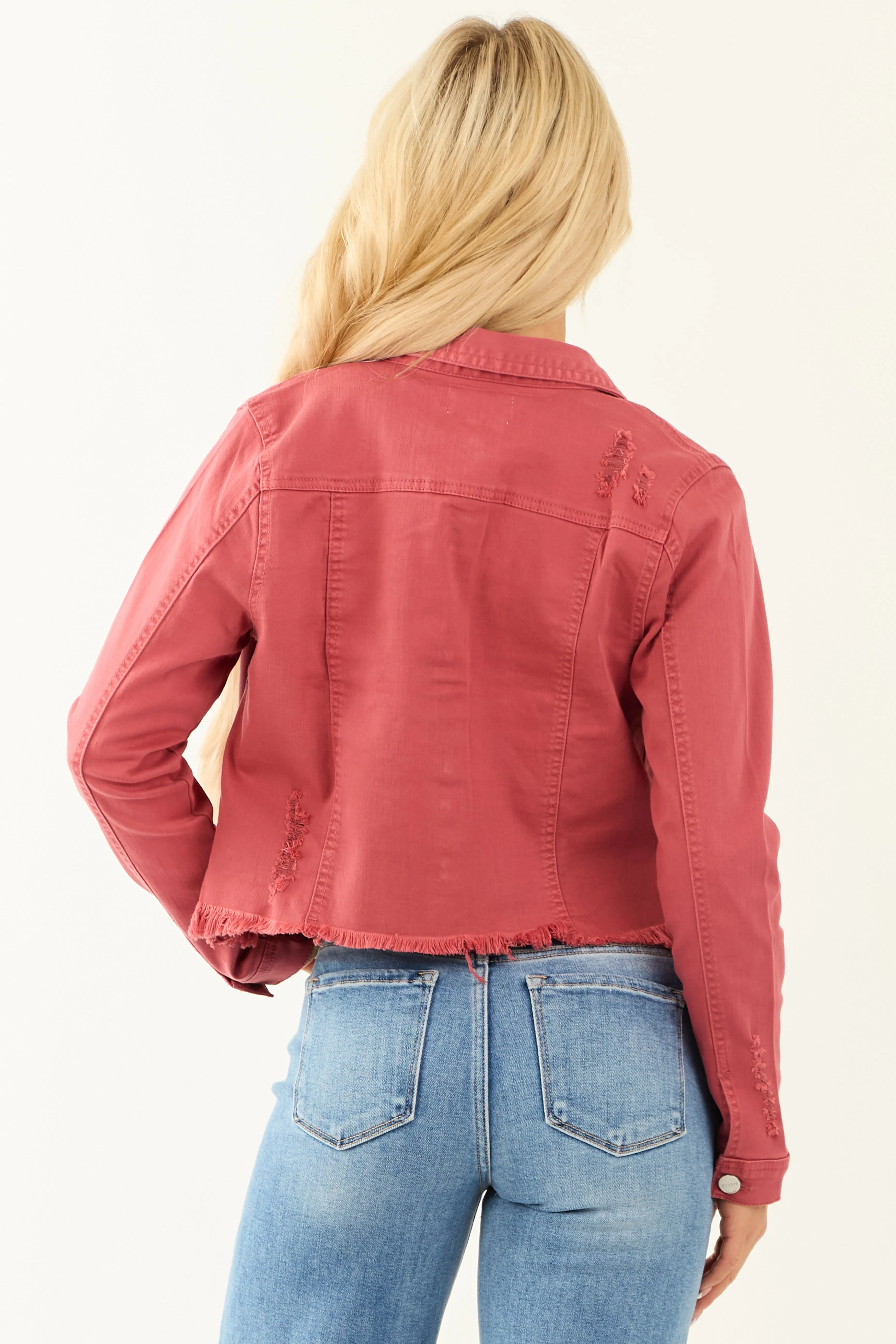 Risen Light Hibiscus Button Up Distressed Denim Jacket sold by Lime Lush product image thumbnail 5