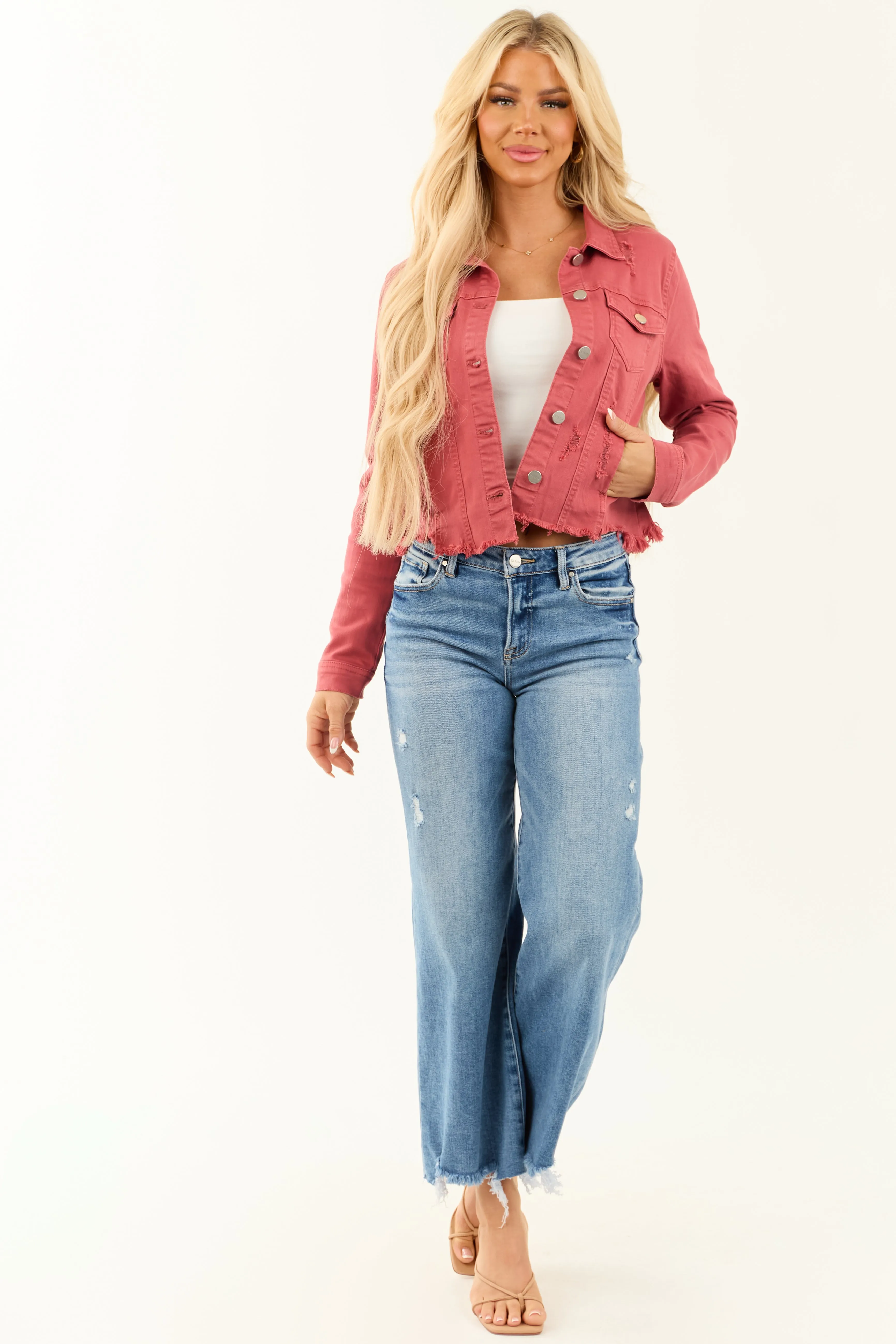 Risen Light Hibiscus Button Up Distressed Denim Jacket sold by Lime Lush product image thumbnail 3