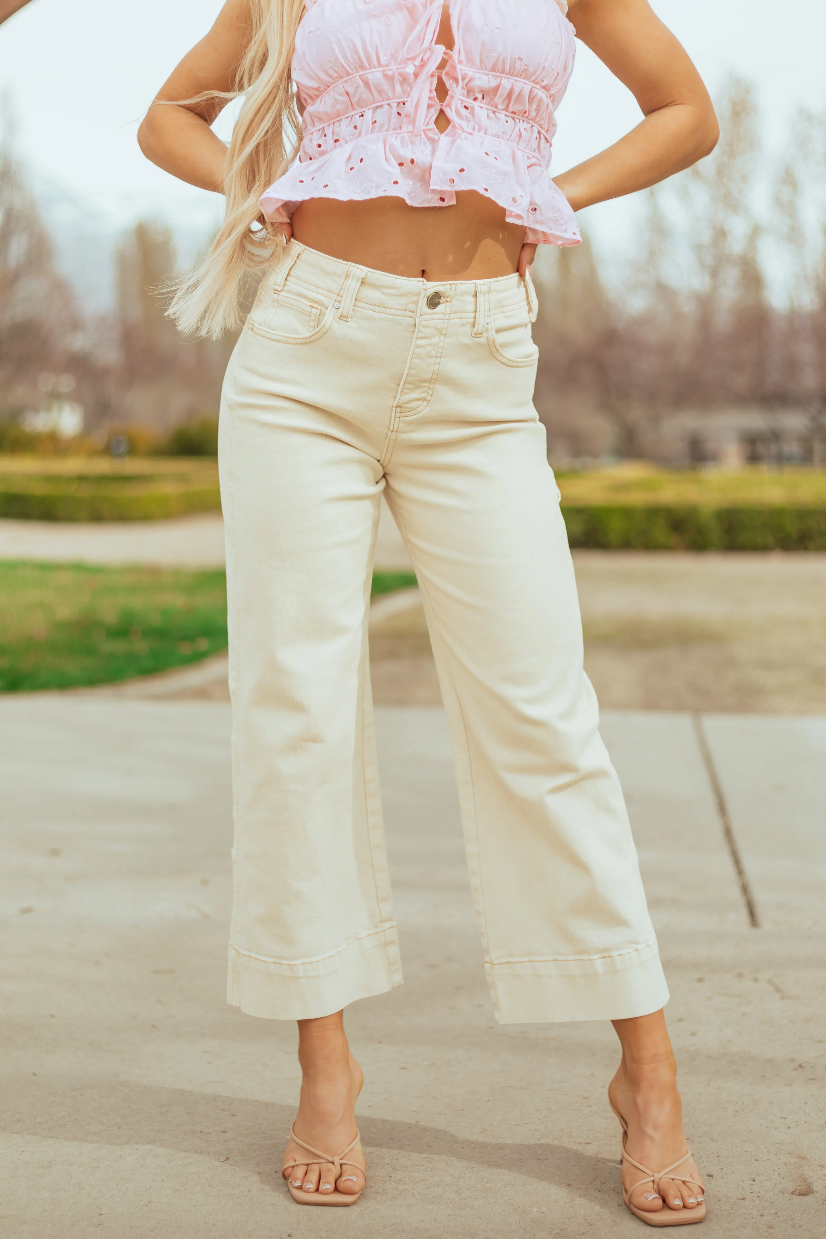 Risen Cream Tummy Control Stretchy Wide Leg Jeans sold by Lime Lush