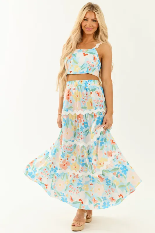 Sky Blue Floral Print Tank Top and Maxi Skirt Set sold by Lime Lush