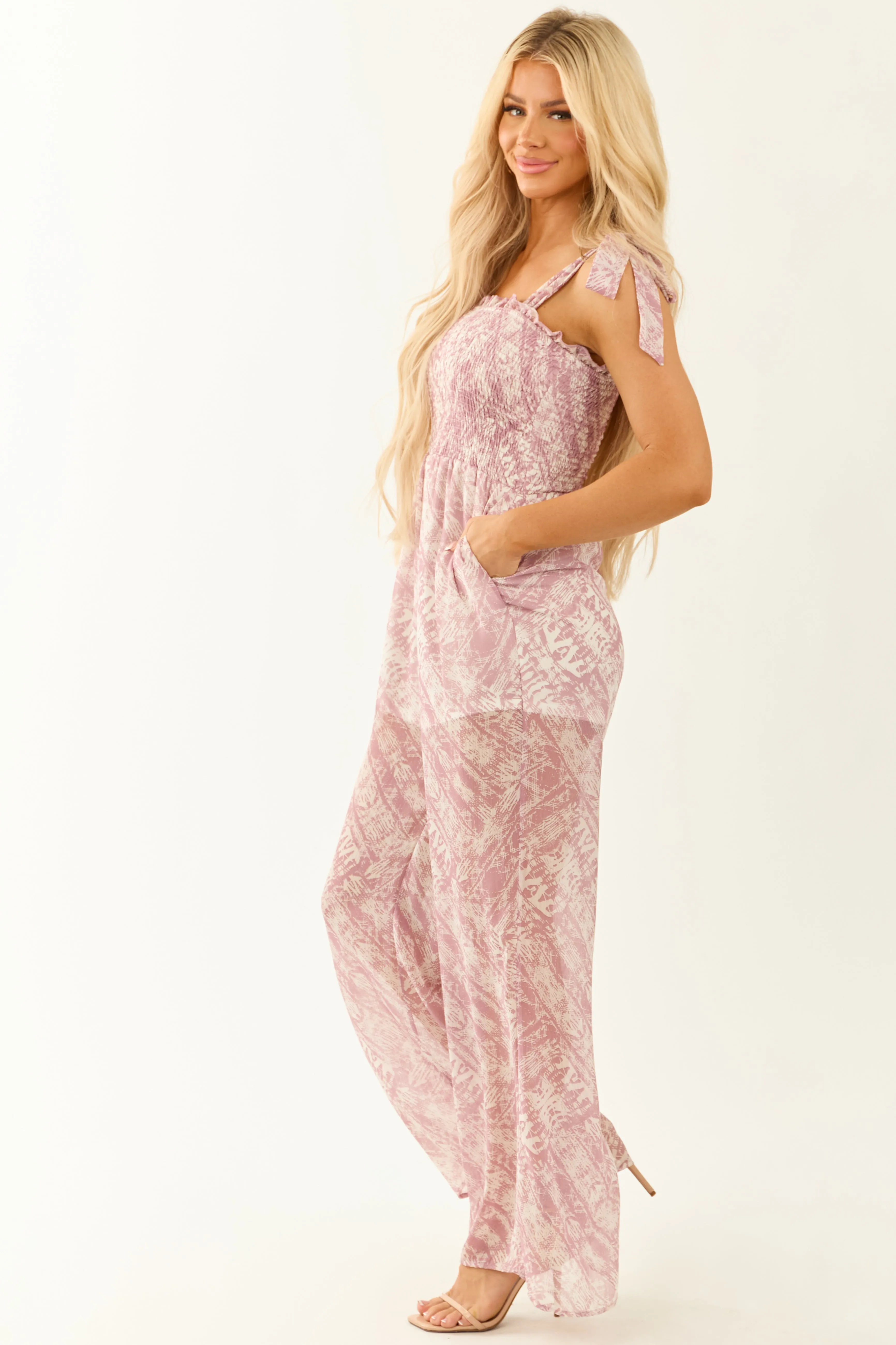 Mauve Abstract Print Square Neck Sleeveless Jumpsuit sold by Lime Lush product image thumbnail 4