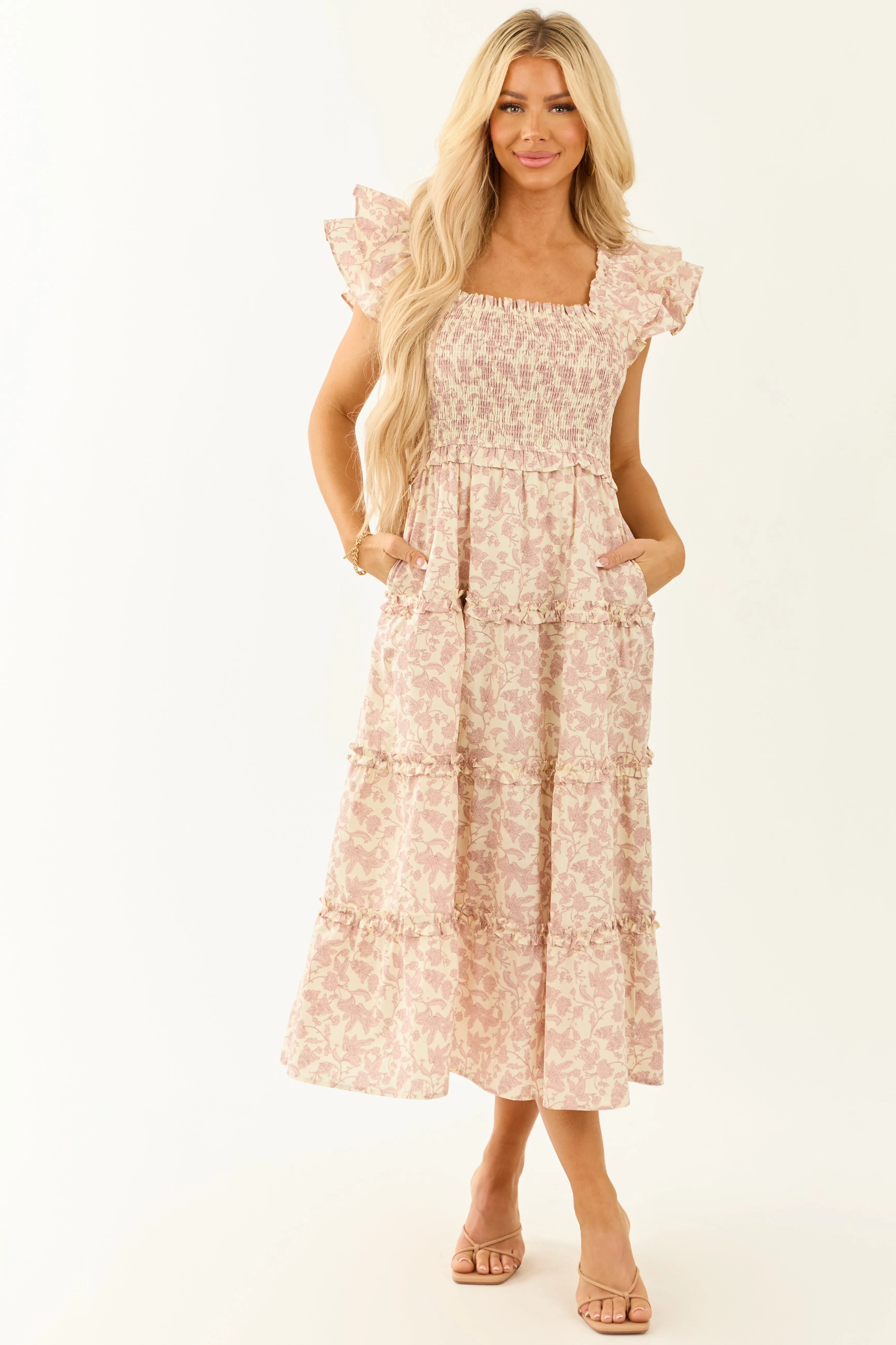 Mauve and Cream Floral Print Smocked Midi Dress sold by Lime Lush product image thumbnail 2