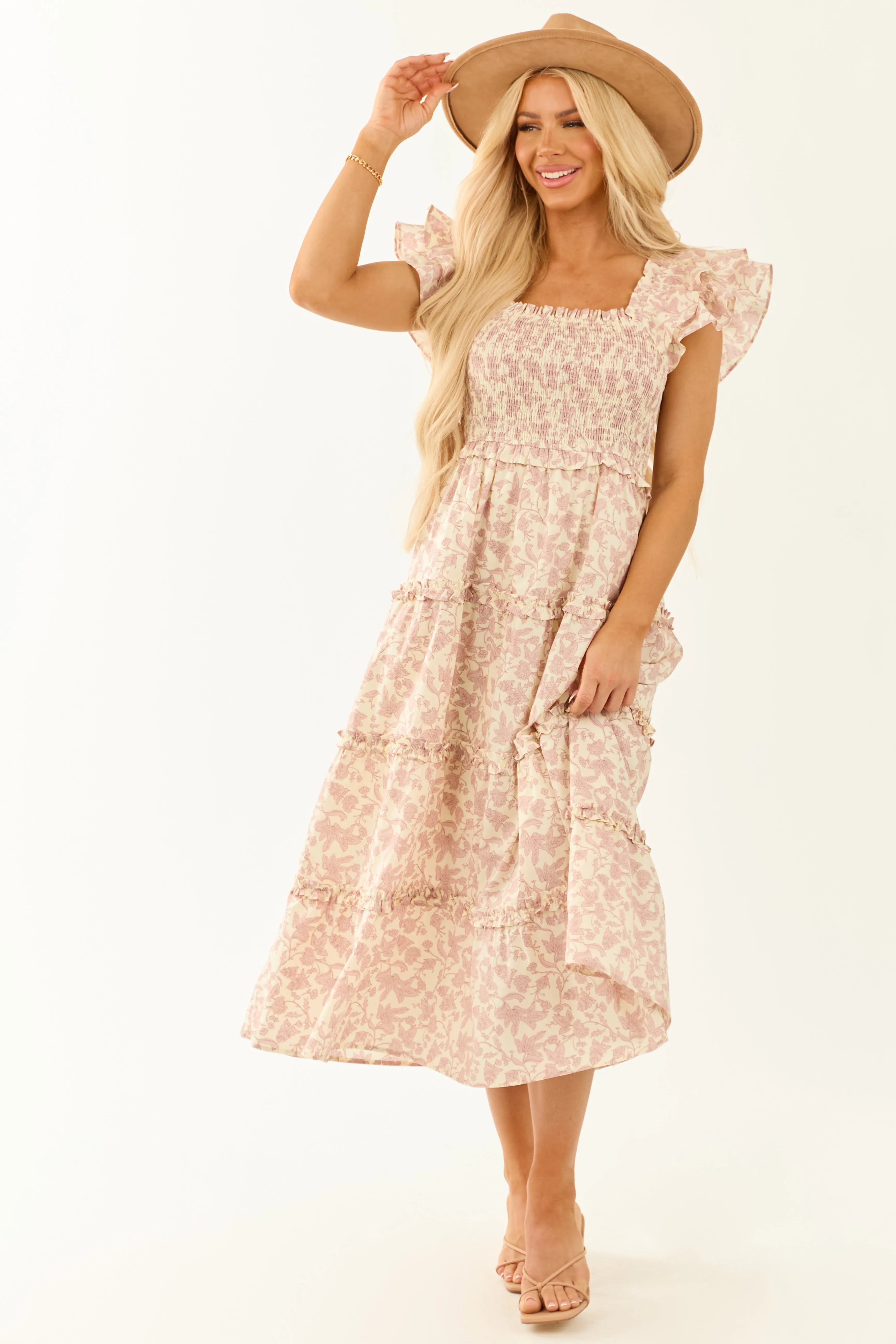 Mauve and Cream Floral Print Smocked Midi Dress sold by Lime Lush product image thumbnail 4