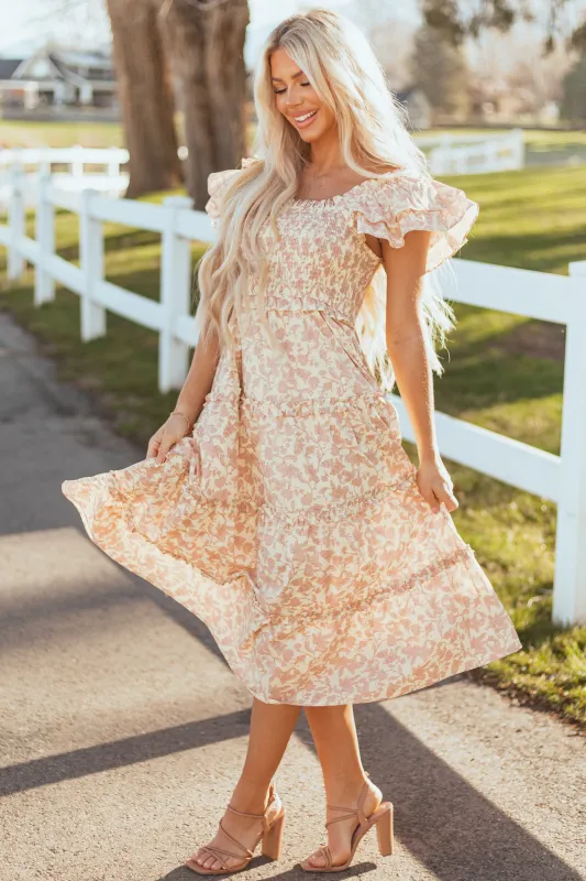 Mauve and Cream Floral Print Smocked Midi Dress sold by Lime Lush