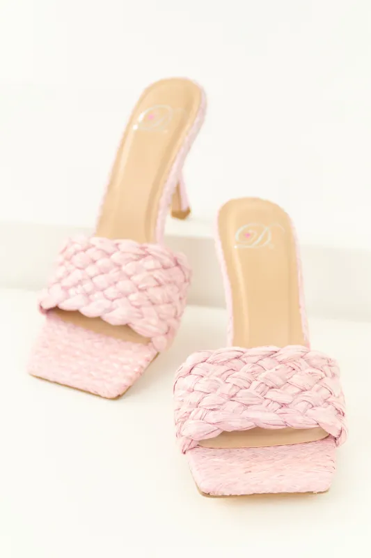 Light Carnation Woven Raffia Strap Stiletto Heels sold by Lime Lush