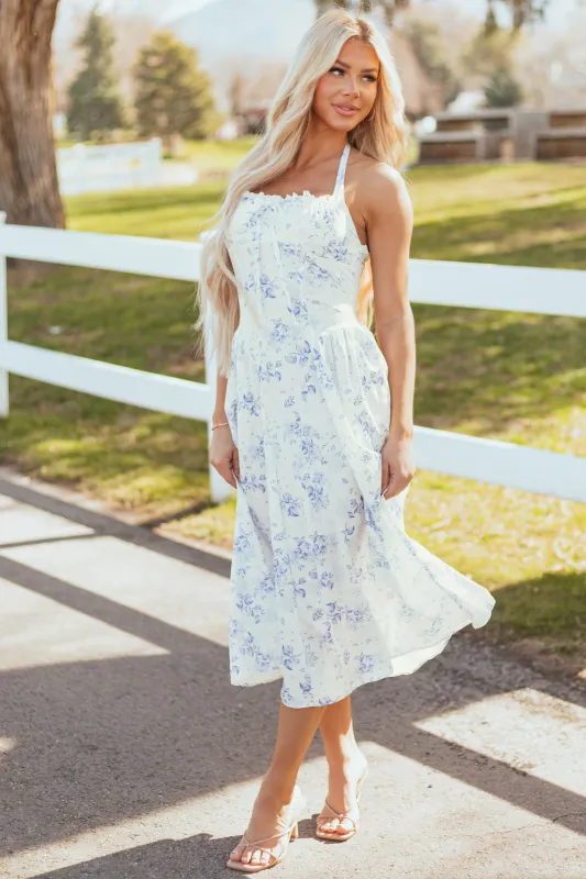 Off White Floral Print Halter Neck Midi Dress sold by Lime Lush