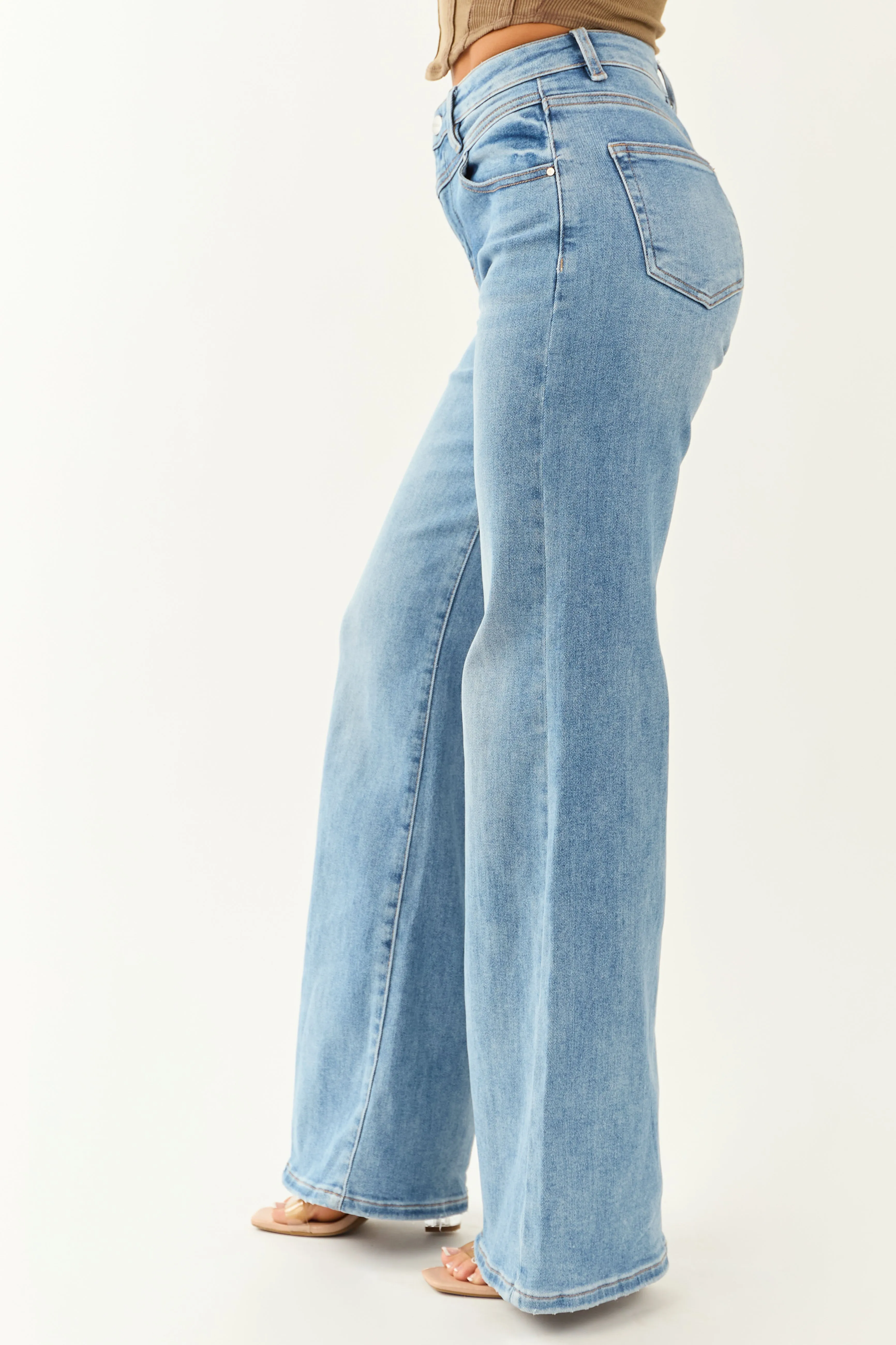 Risen Medium Wash Waist V Stitch Stretchy Wide Jeans sold by Lime Lush product image thumbnail 4