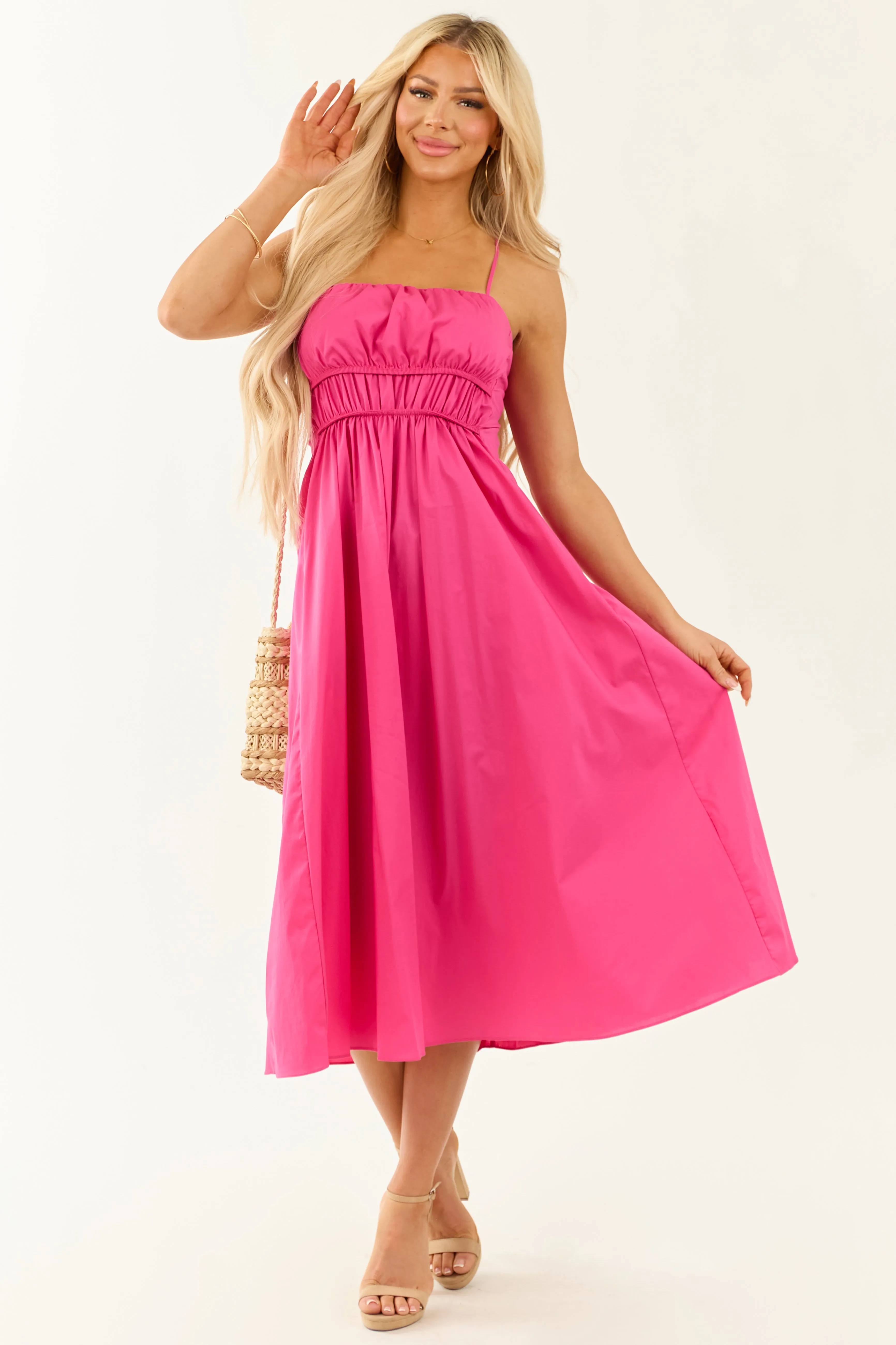Fuchsia Sleeveless Elastic Waistband Midi Dress sold by Lime Lush product image thumbnail 4