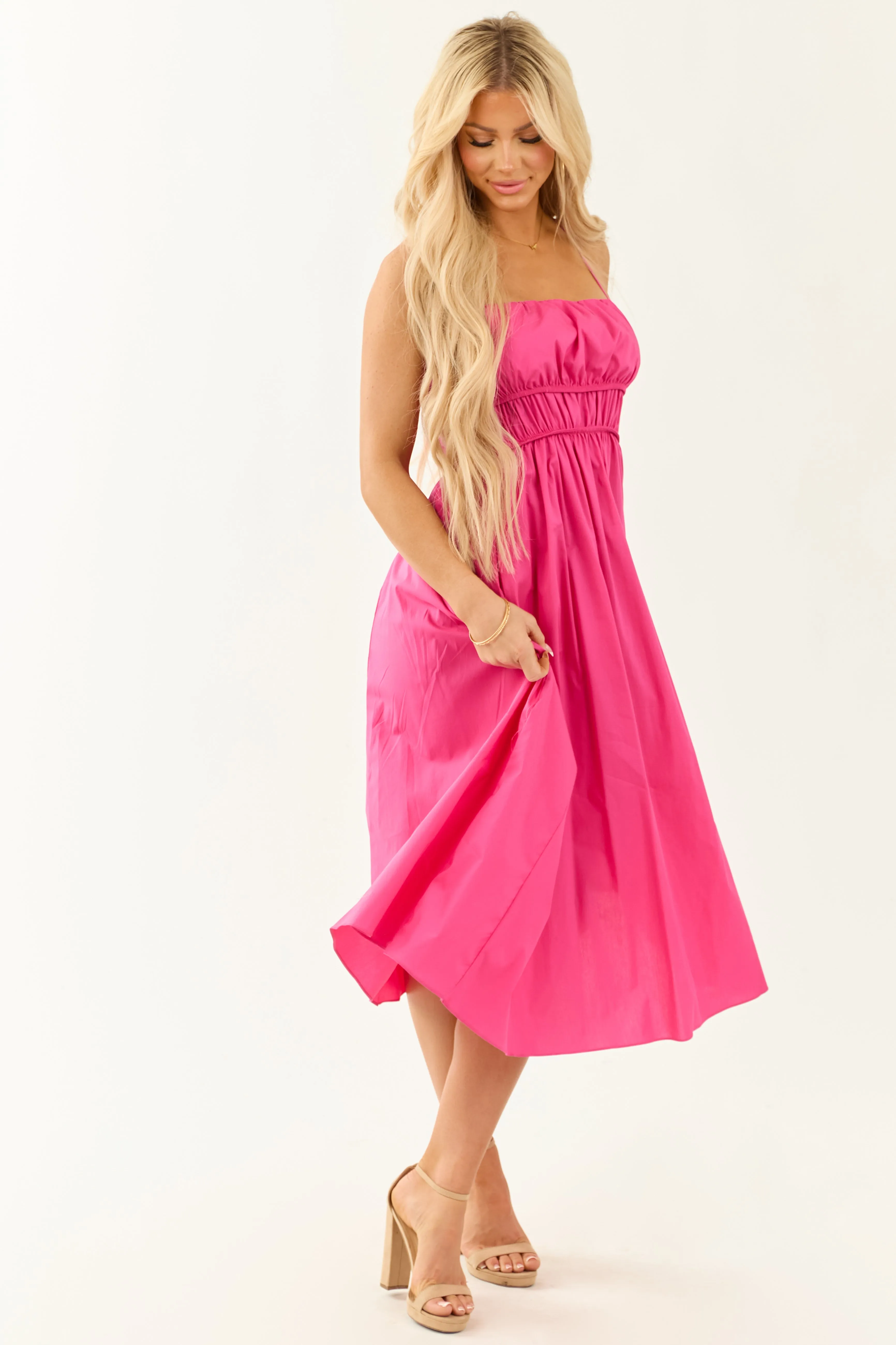 Fuchsia Sleeveless Elastic Waistband Midi Dress sold by Lime Lush product image thumbnail 3