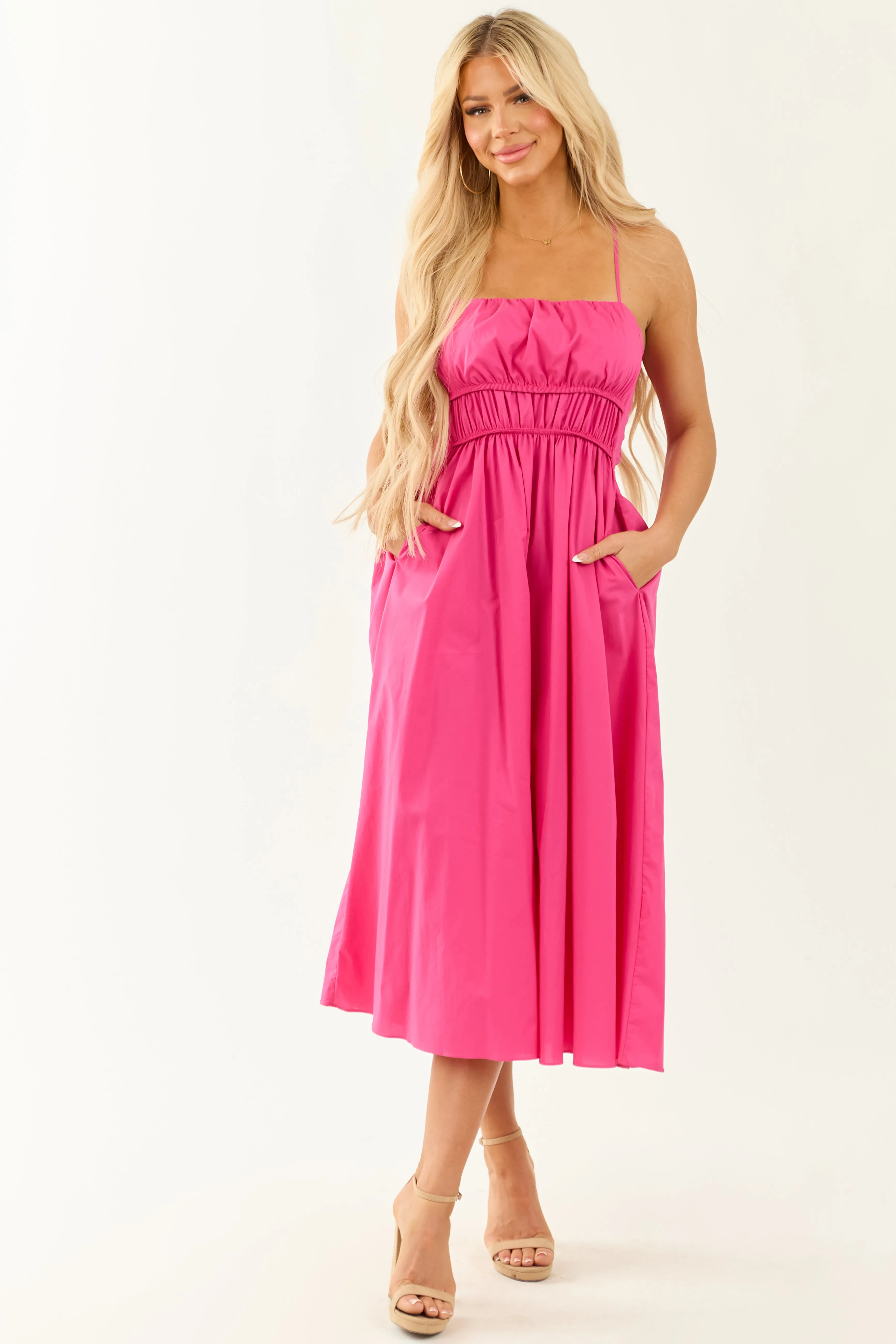 Fuchsia Sleeveless Elastic Waistband Midi Dress sold by Lime Lush product image thumbnail 2