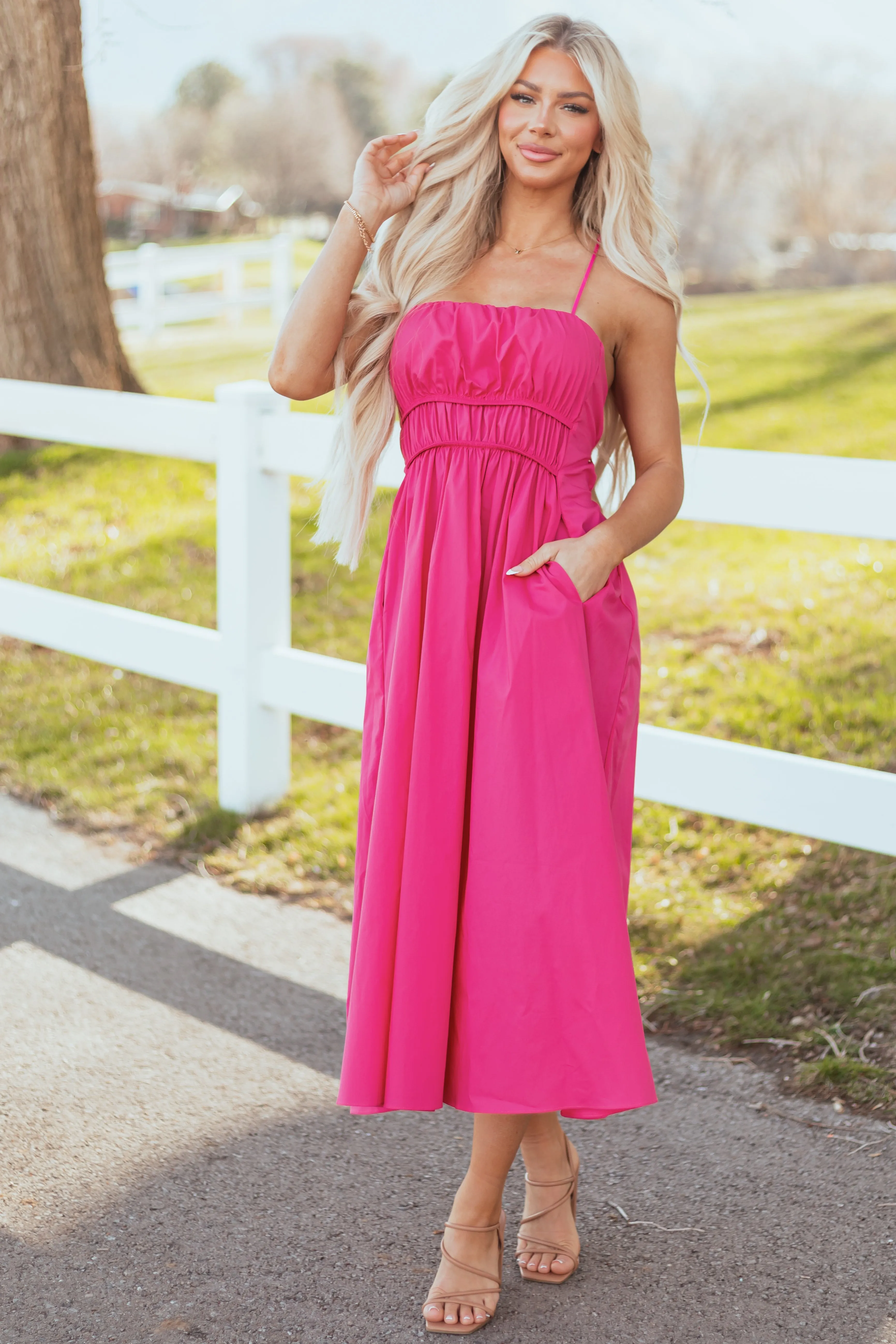 Fuchsia Sleeveless Elastic Waistband Midi Dress sold by Lime Lush