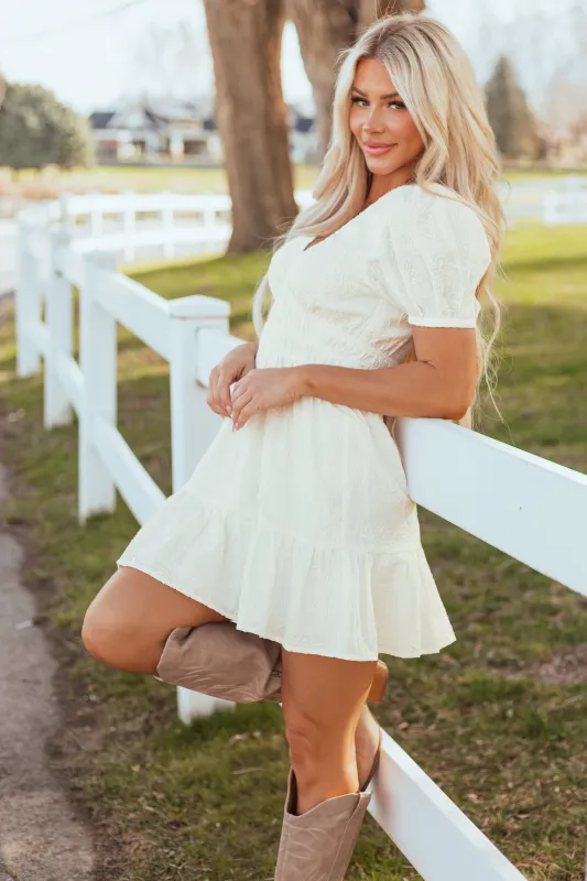 Ivory V Neck Floral Embroidered Mini Dress sold by Lime Lush