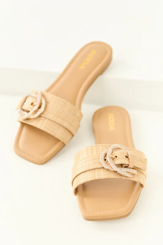 Desert Sand Raffia Strap Rhinestone Buckle Sandals sold by Lime Lush
