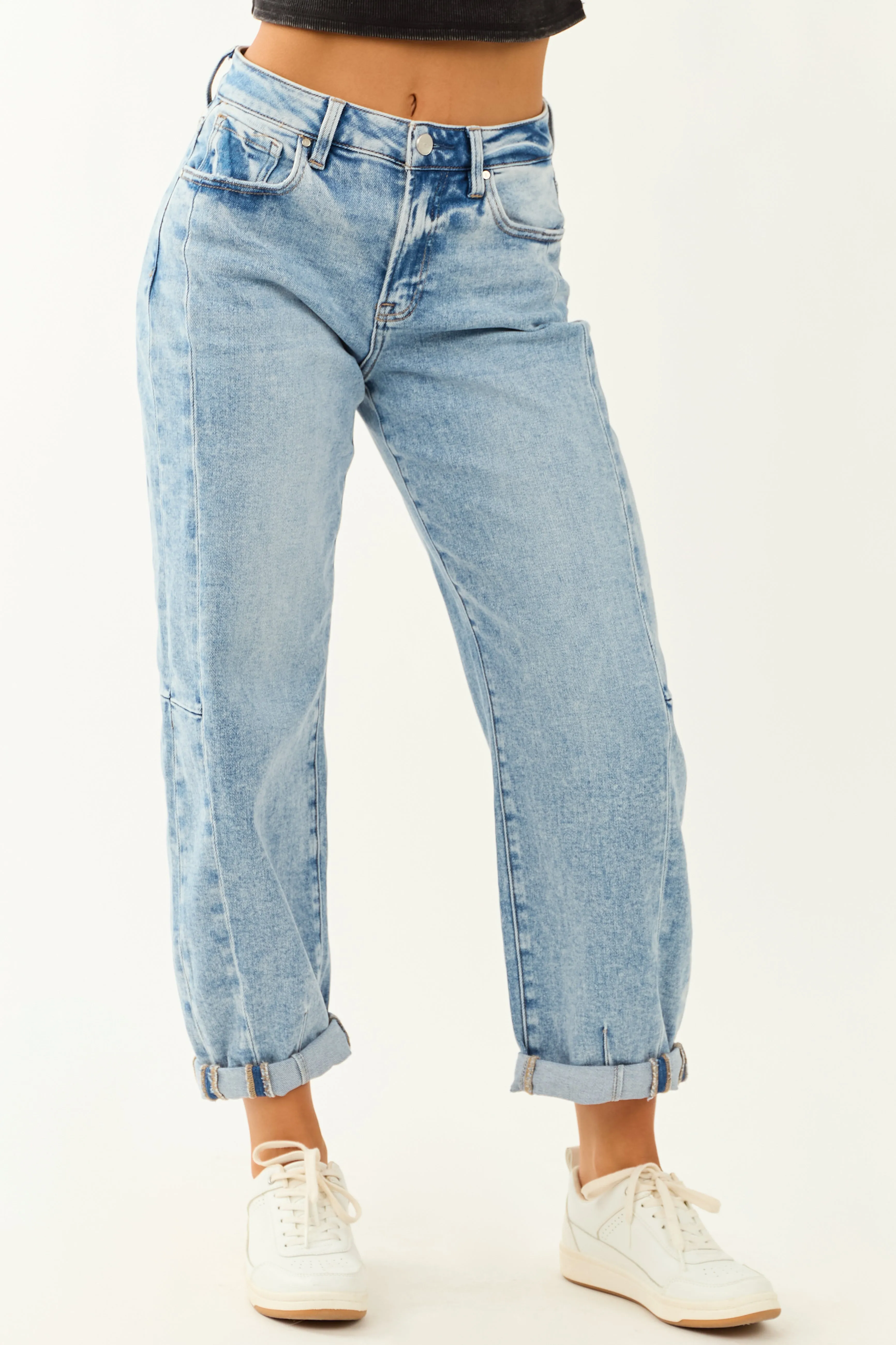 Risen Medium Wash Stretchy Barrel Cuffed Jeans sold by Lime Lush