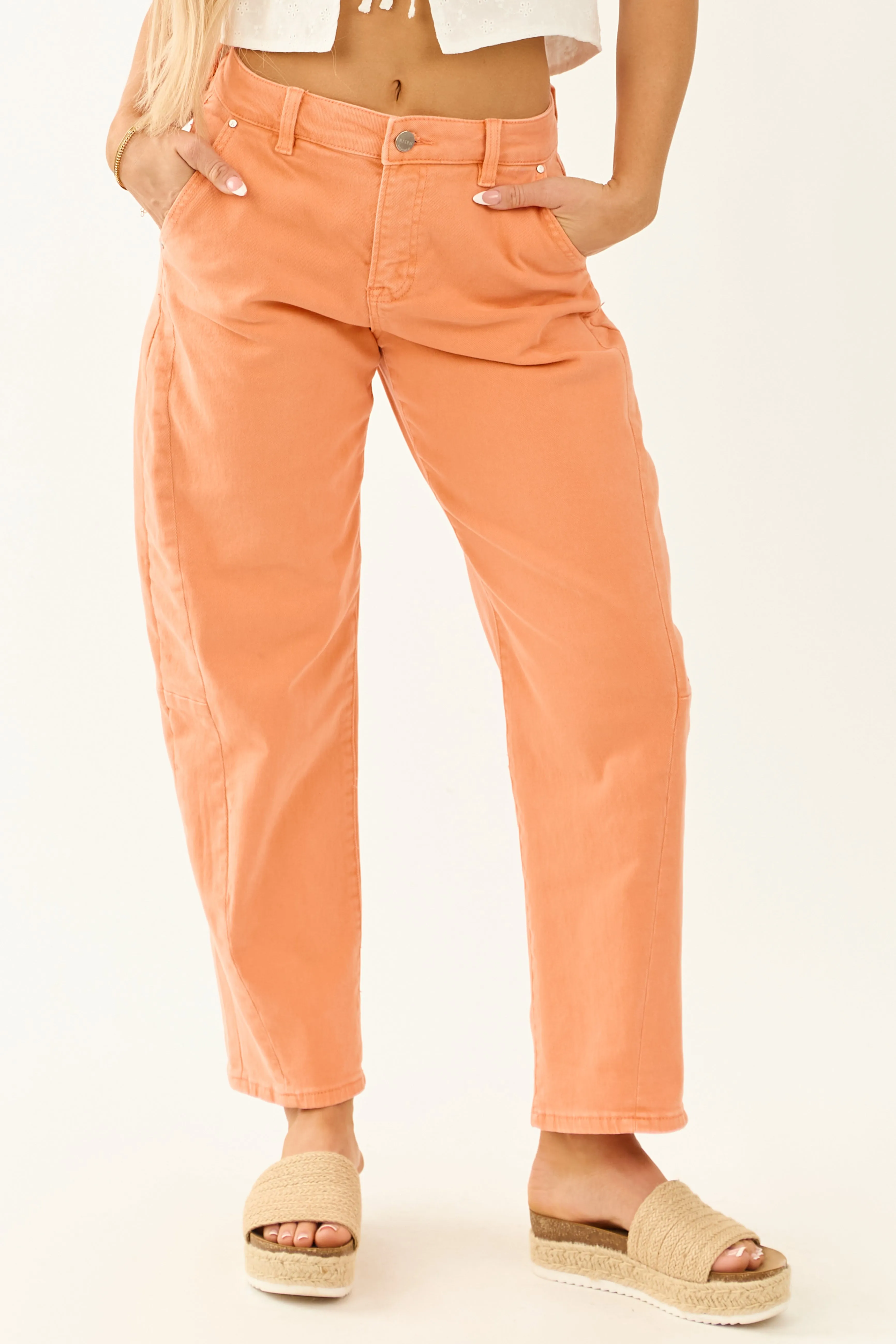 Risen Melon High Rise Cuffed Stretchy Barrel Jeans sold by Lime Lush product image thumbnail 2