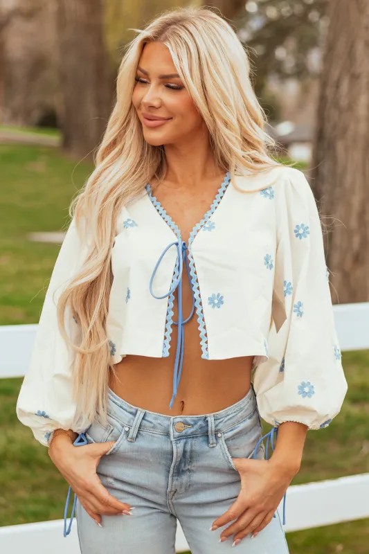 Off White Front Tie Long Sleeve Embroidered Blouse sold by Lime Lush