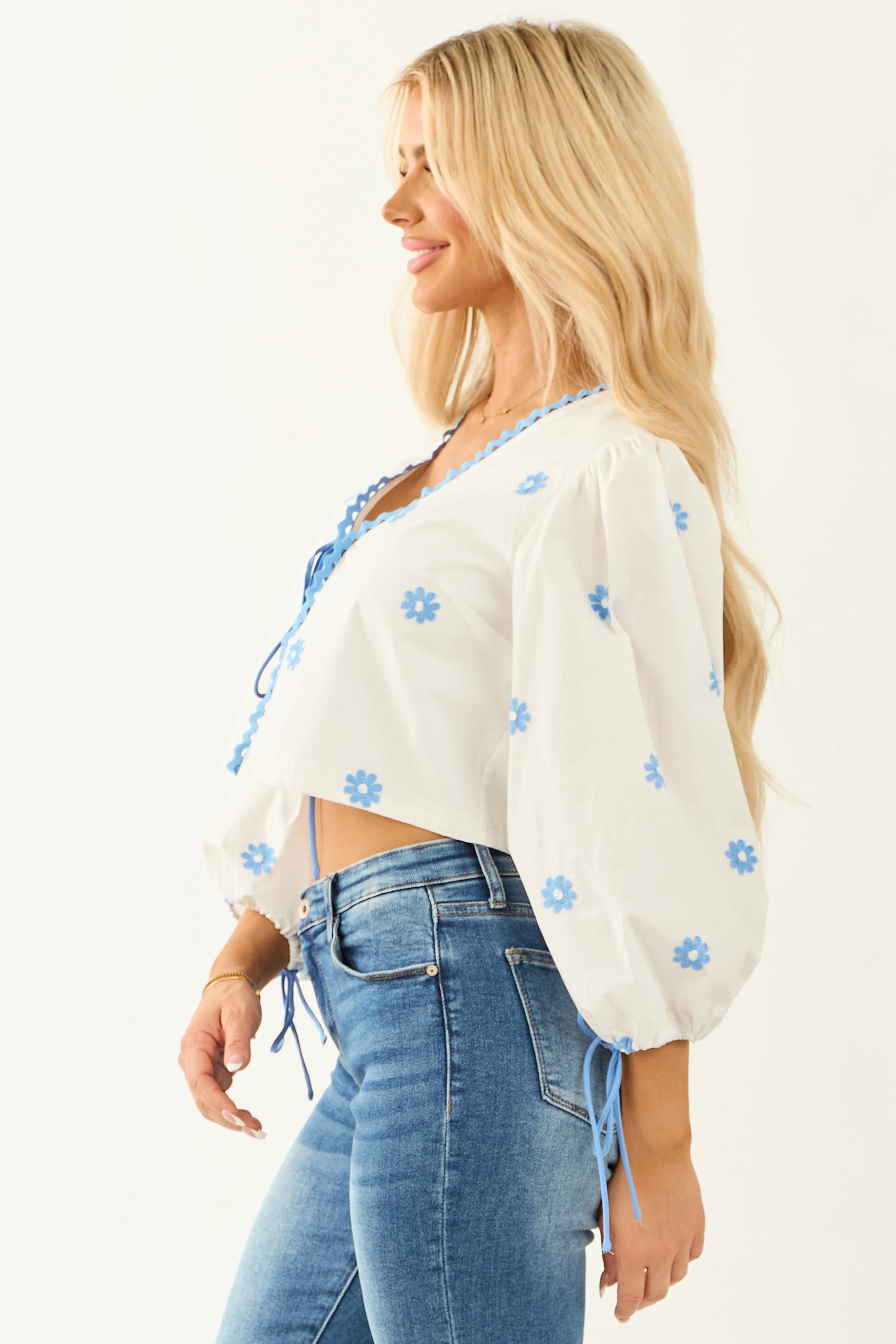 Off White Front Tie Long Sleeve Embroidered Blouse sold by Lime Lush product image thumbnail 5