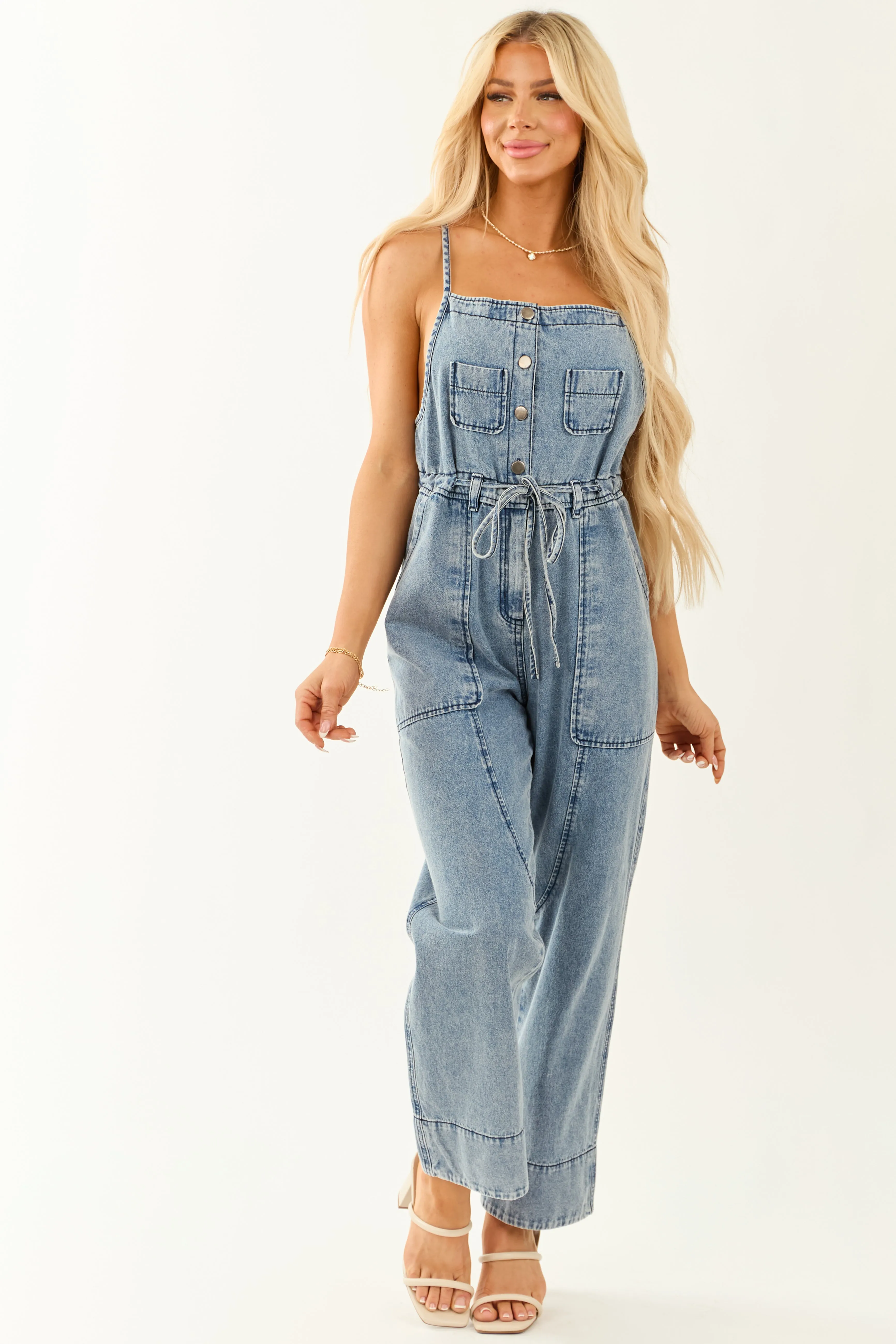 Medium Wash Square Neck Wide Leg Overalls Jumpsuit sold by Lime Lush product image thumbnail 3