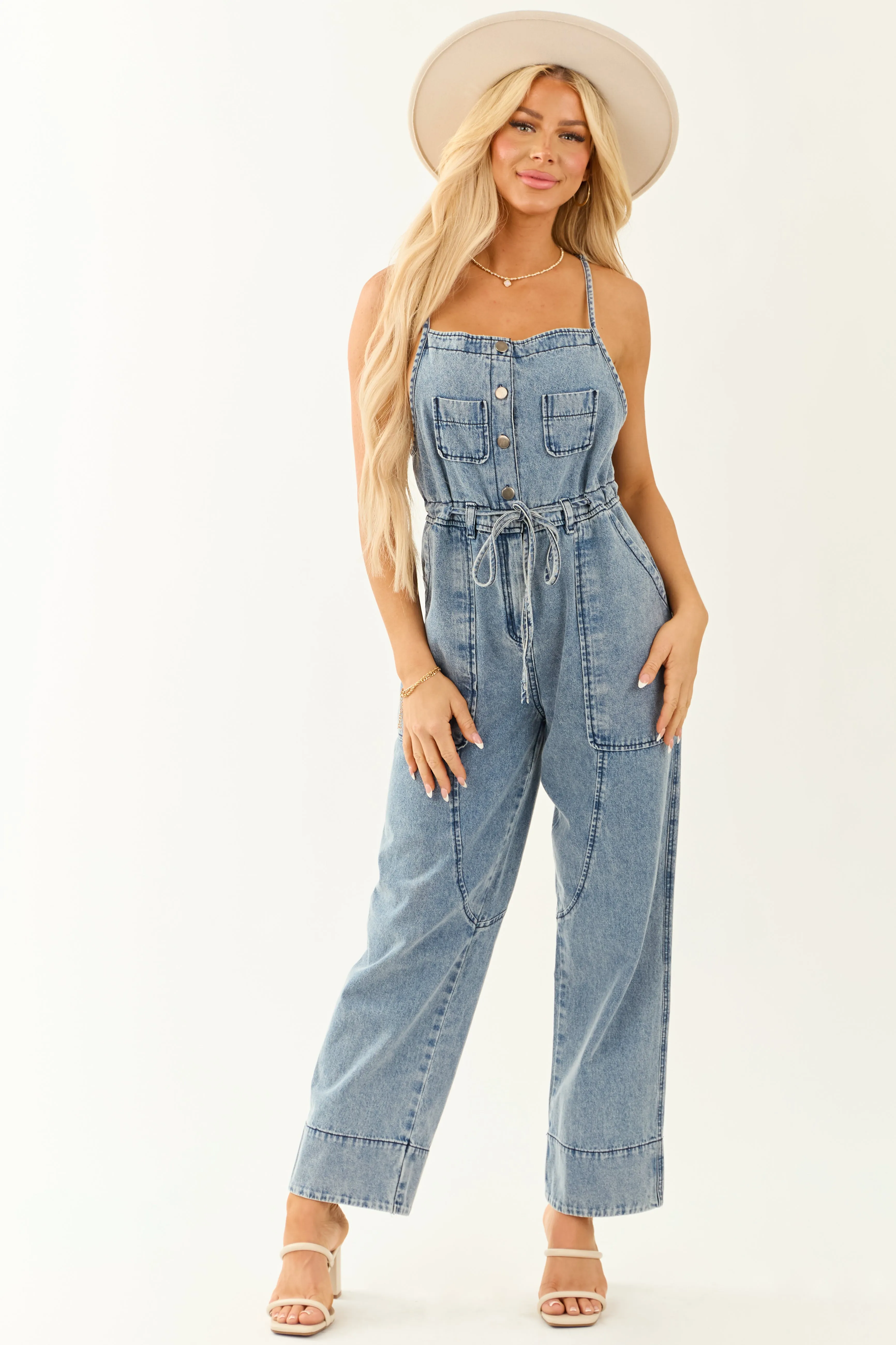 Medium Wash Square Neck Wide Leg Overalls Jumpsuit sold by Lime Lush product image thumbnail 2