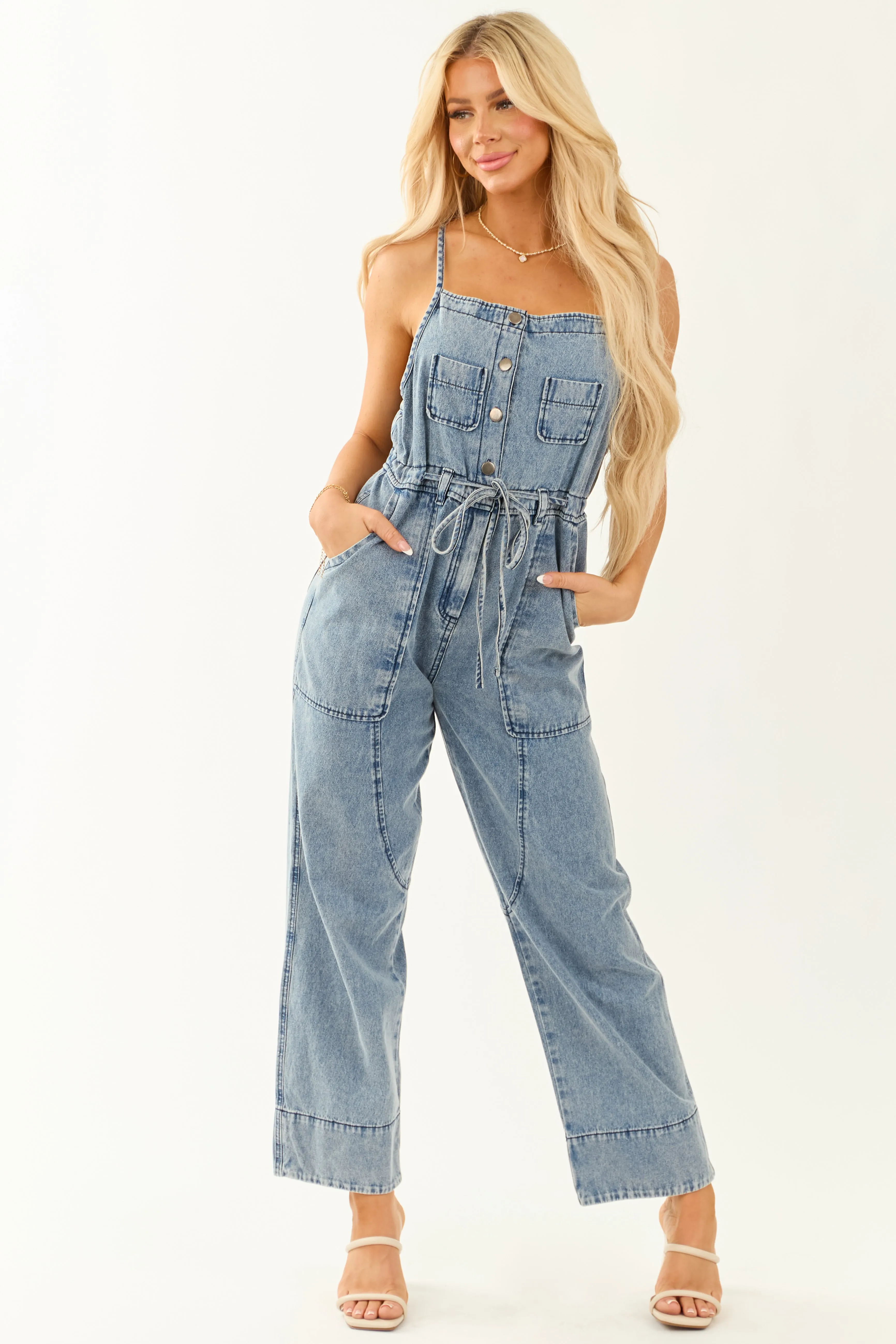 Medium Wash Square Neck Wide Leg Overalls Jumpsuit sold by Lime Lush