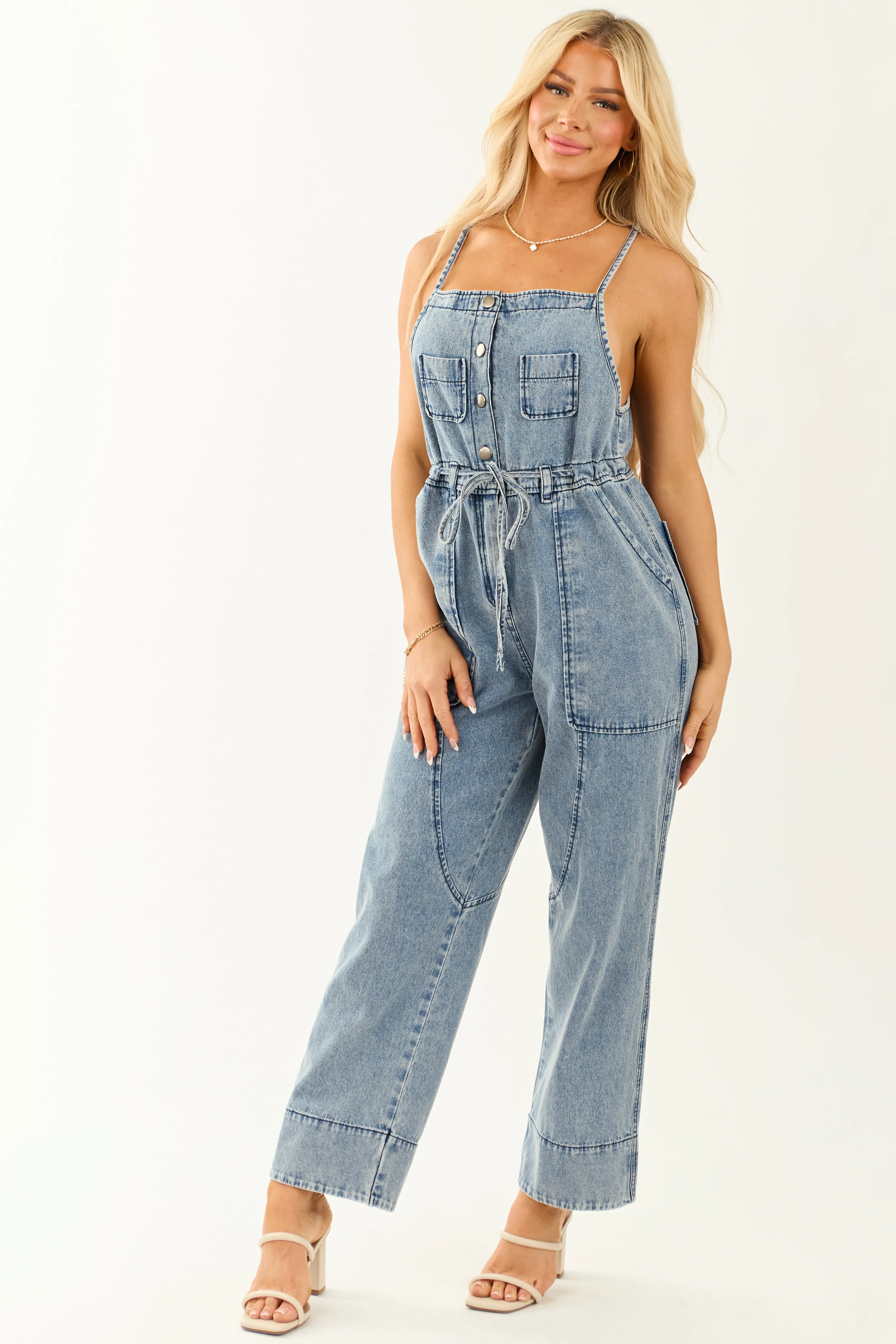 Medium Wash Square Neck Wide Leg Overalls Jumpsuit sold by Lime Lush product image thumbnail 4