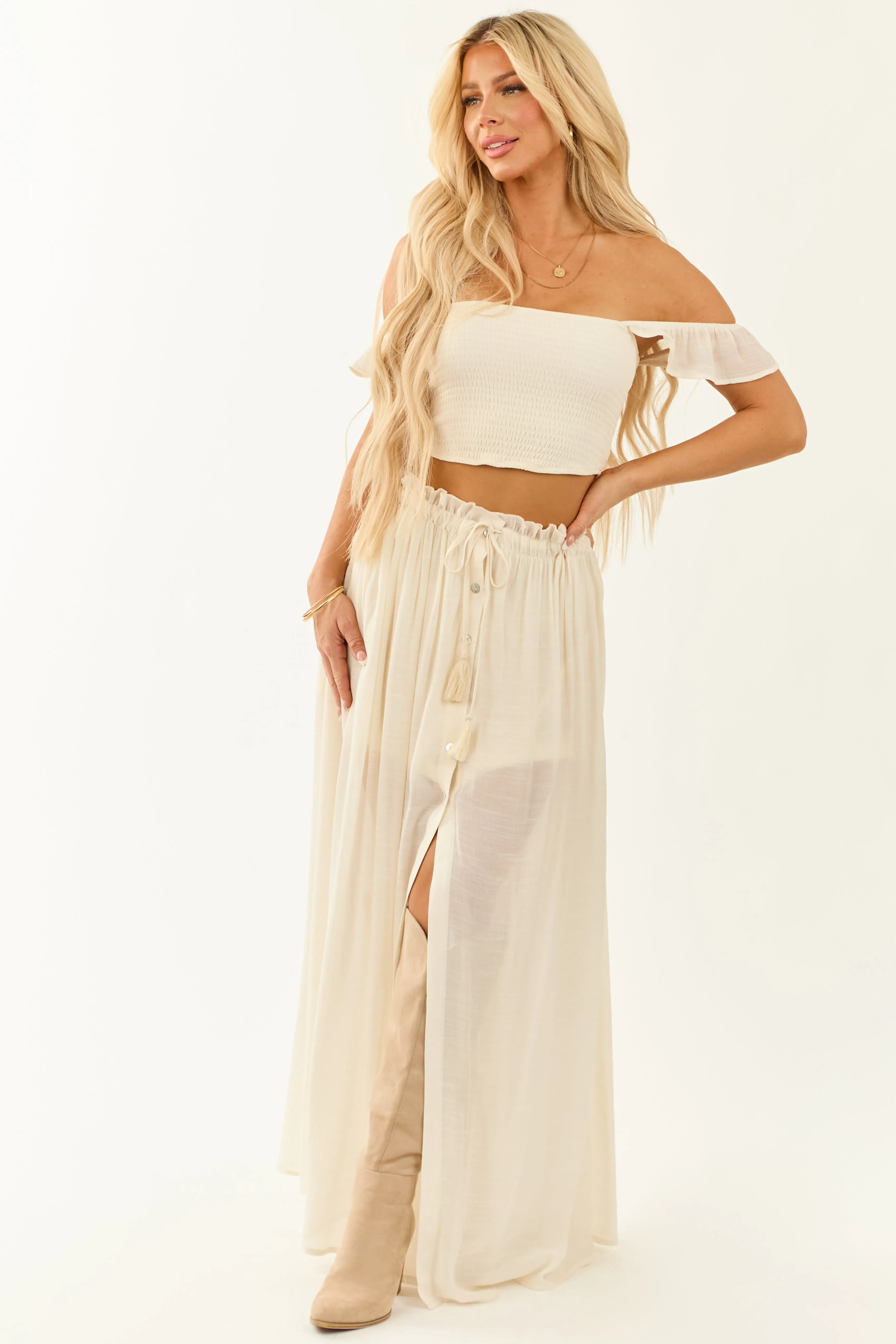 Cream Smocked Crop Top and Maxi Skirt Set sold by Lime Lush product image thumbnail 2