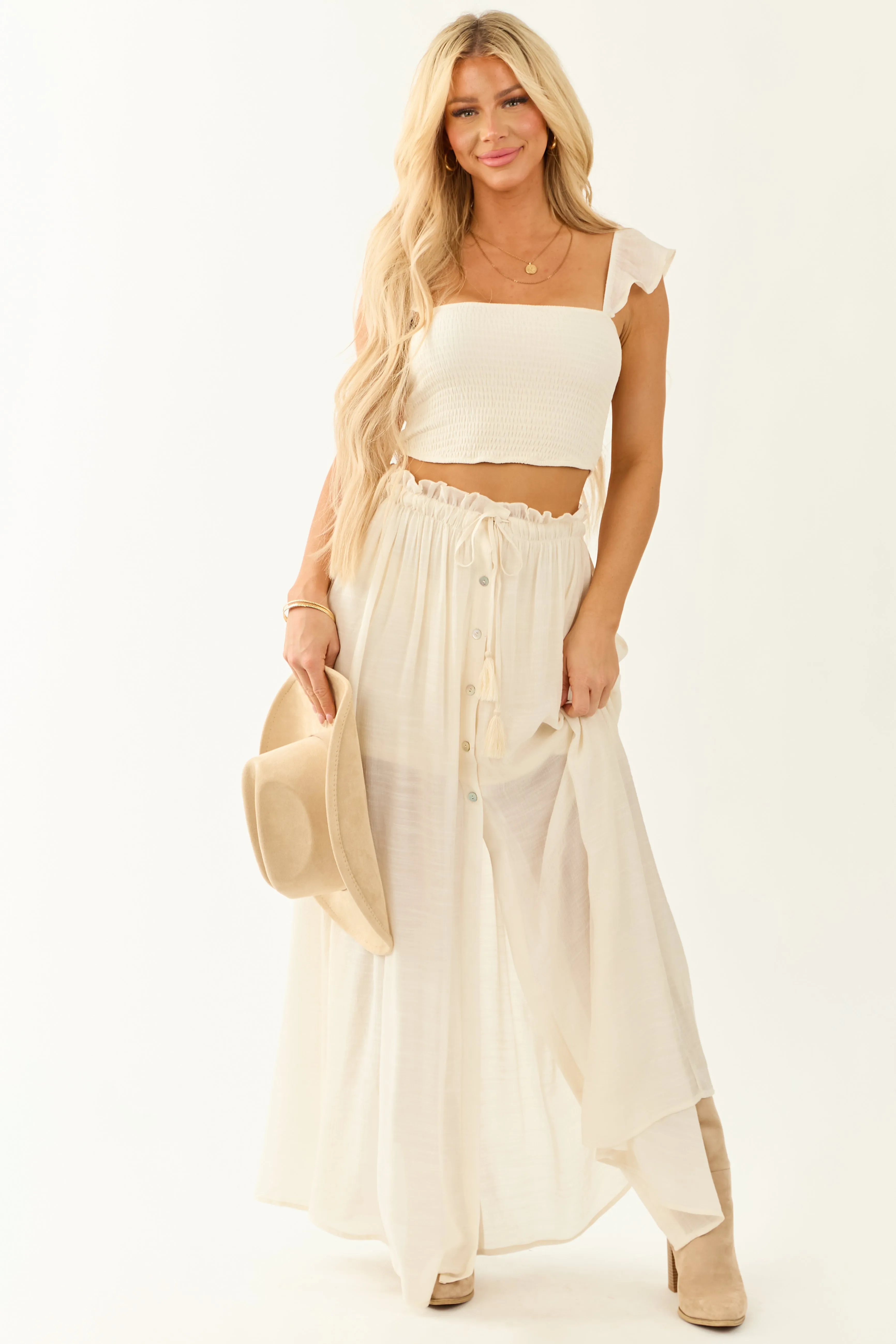 Cream Smocked Crop Top and Maxi Skirt Set sold by Lime Lush product image thumbnail 3