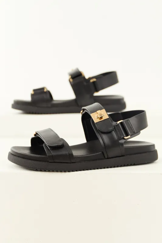 Black Pleather Open Toed Velcro Strap Sandals sold by Lime Lush
