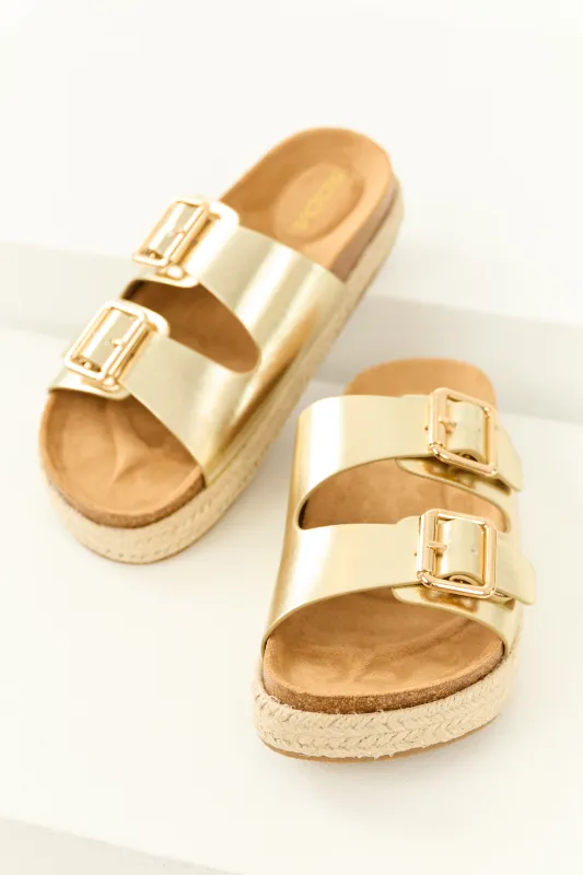 Gold Espadrille Platform Twin Buckle Sandals sold by Lime Lush