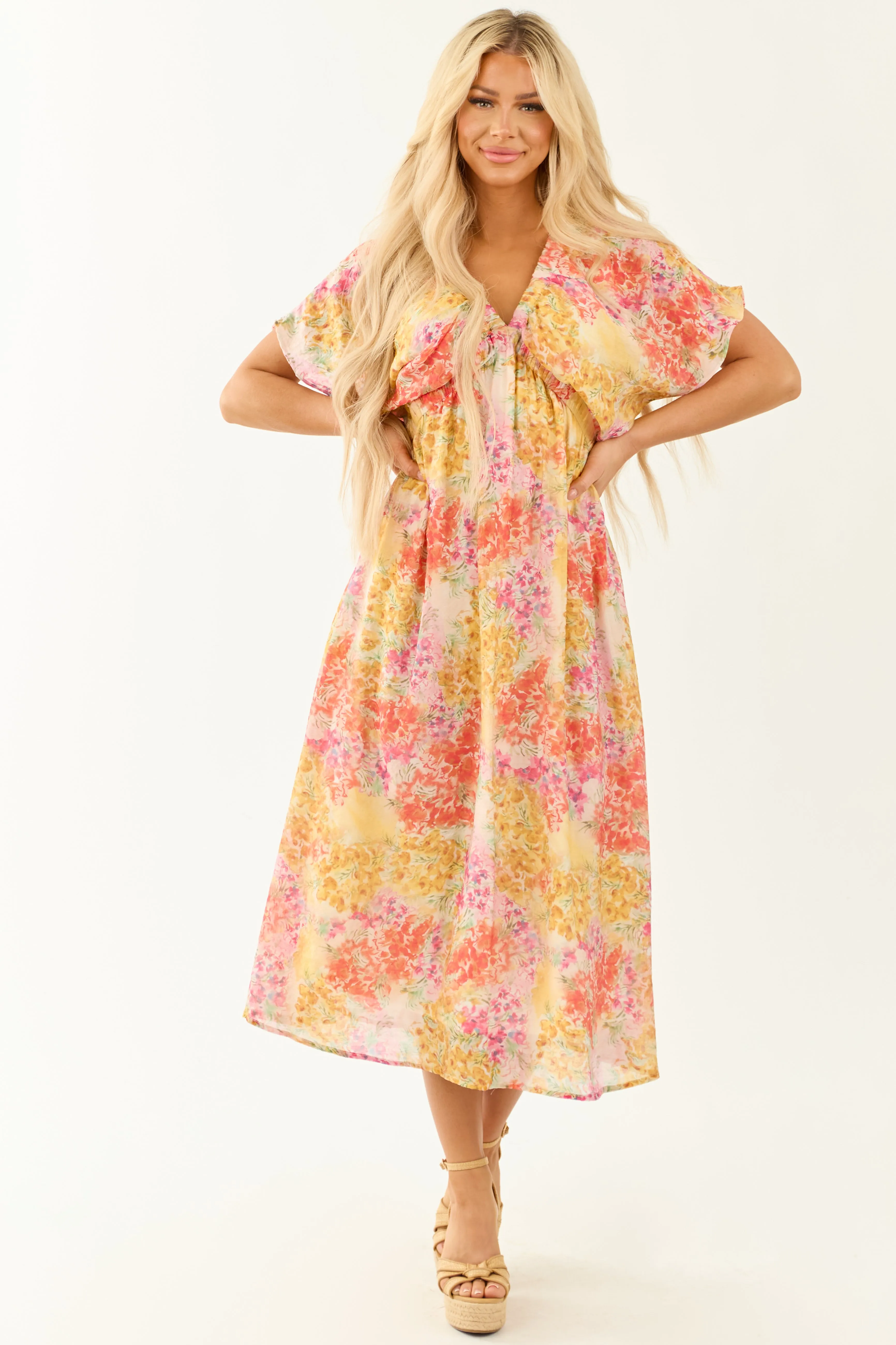 Ivory Floral Print V Neck Short Sleeve Midi Dress sold by Lime Lush