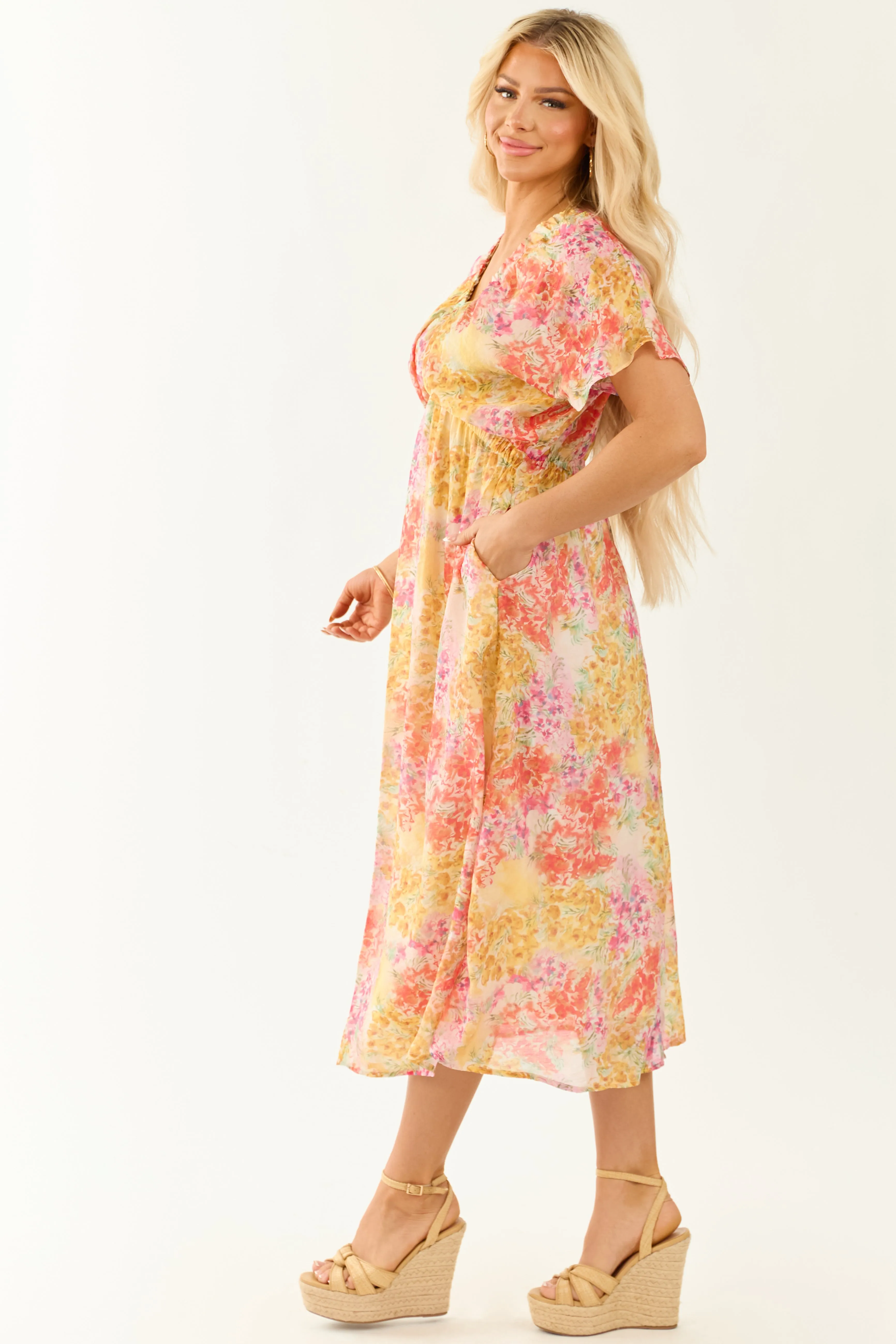 Ivory Floral Print V Neck Short Sleeve Midi Dress sold by Lime Lush product image thumbnail 4