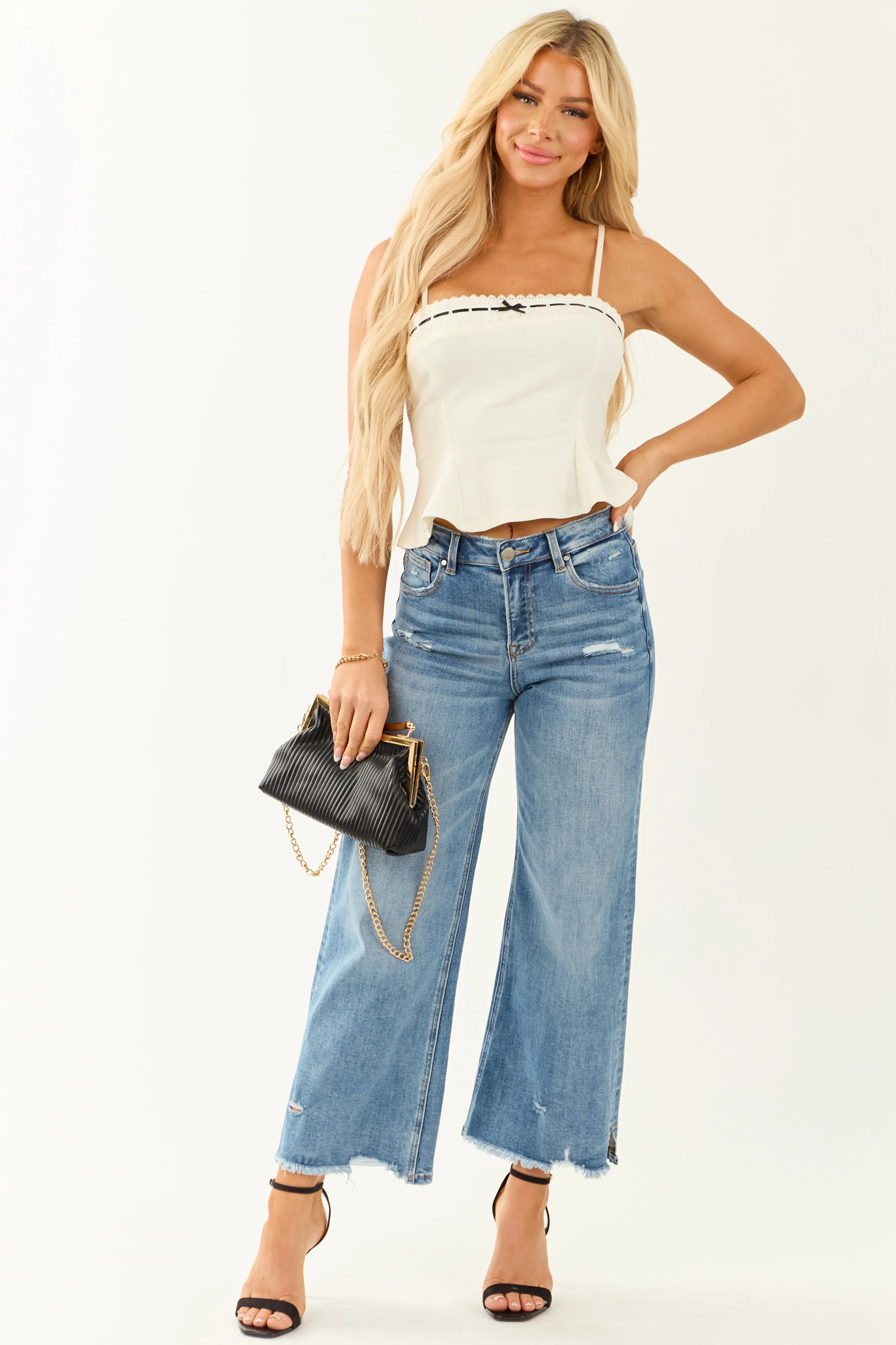 Ivory Lace Peplum Contrast Bow Cropped Tank Top sold by Lime Lush product image thumbnail 4