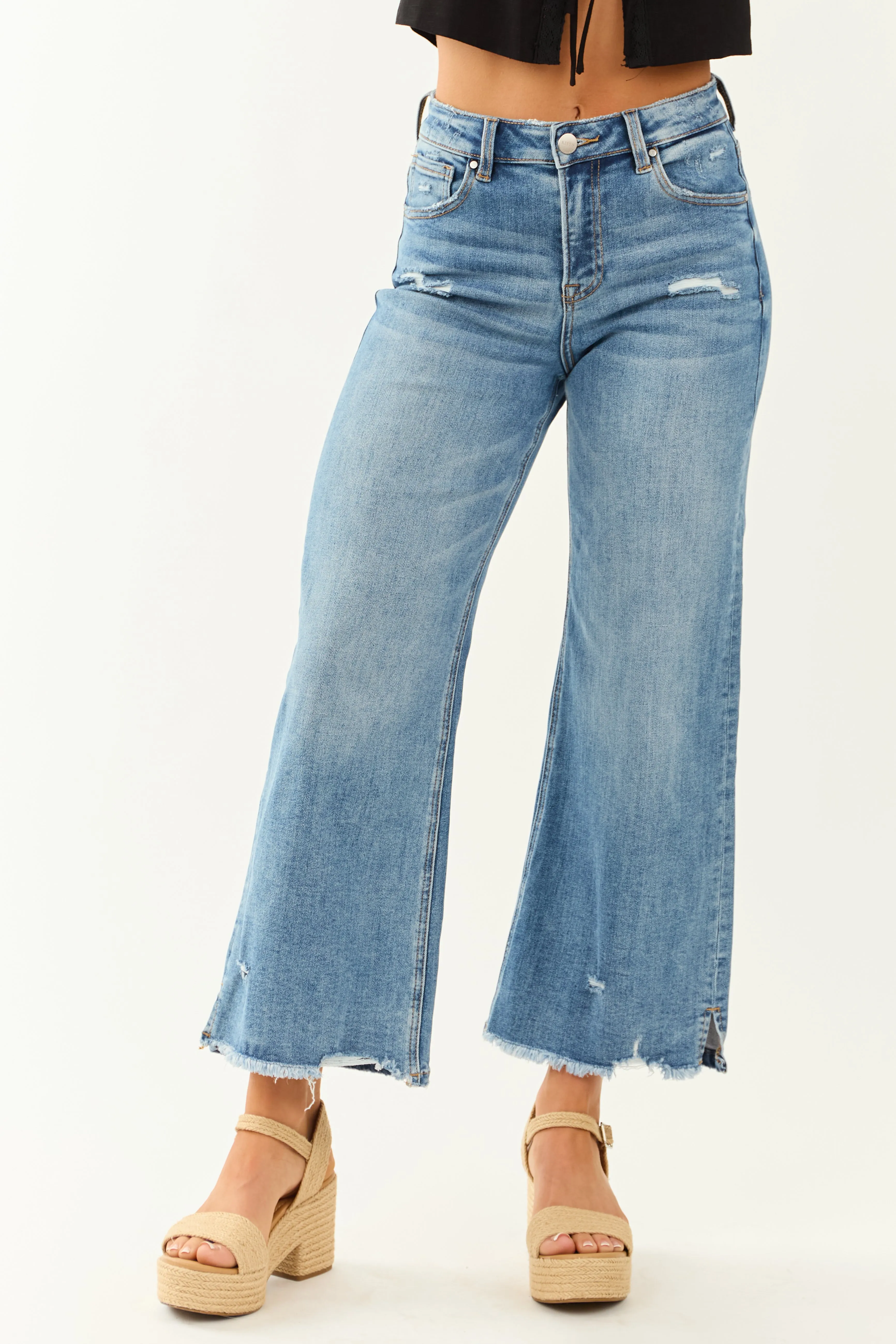 Risen Cropped Frayed Slit Hem Stretchy Wide Jeans sold by Lime Lush product image thumbnail 2