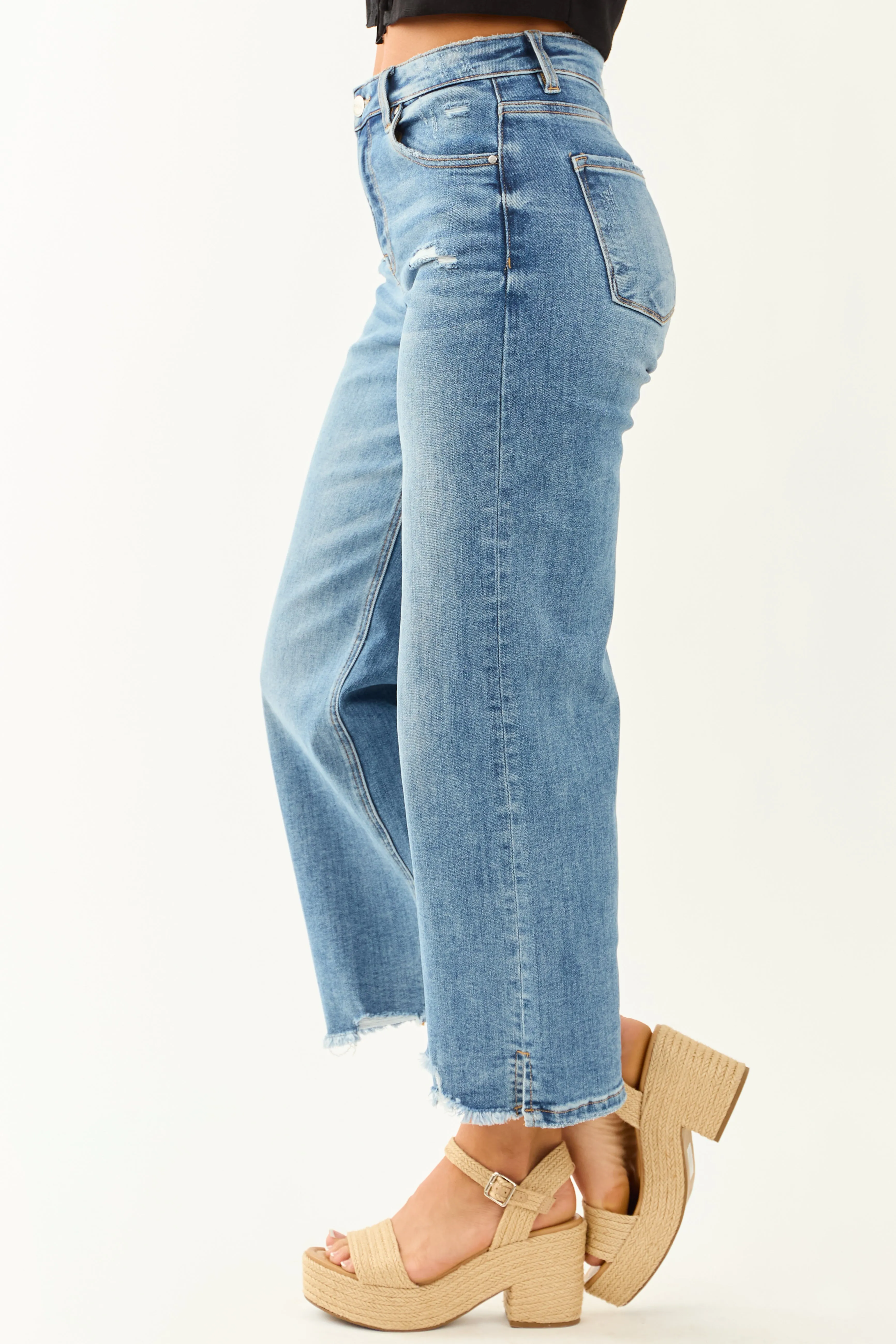 Risen Cropped Frayed Slit Hem Stretchy Wide Jeans sold by Lime Lush product image thumbnail 4